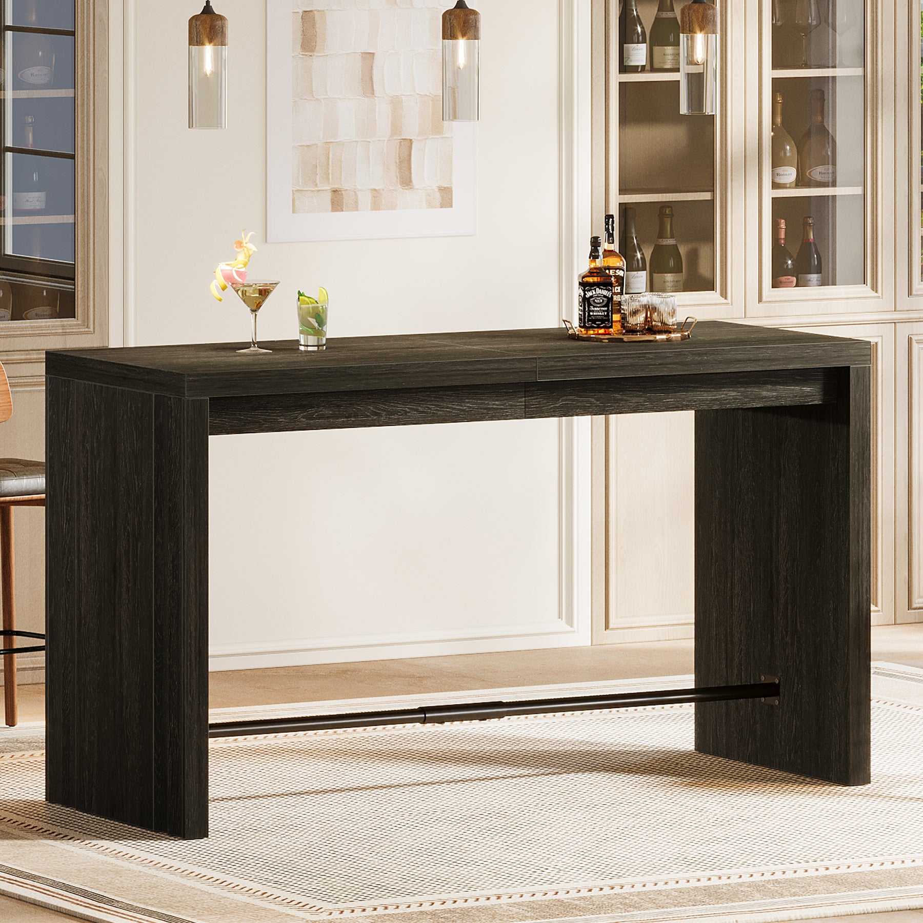 63" Bar Table, Rectangular Counter Height Pub Table with Metal Footrest