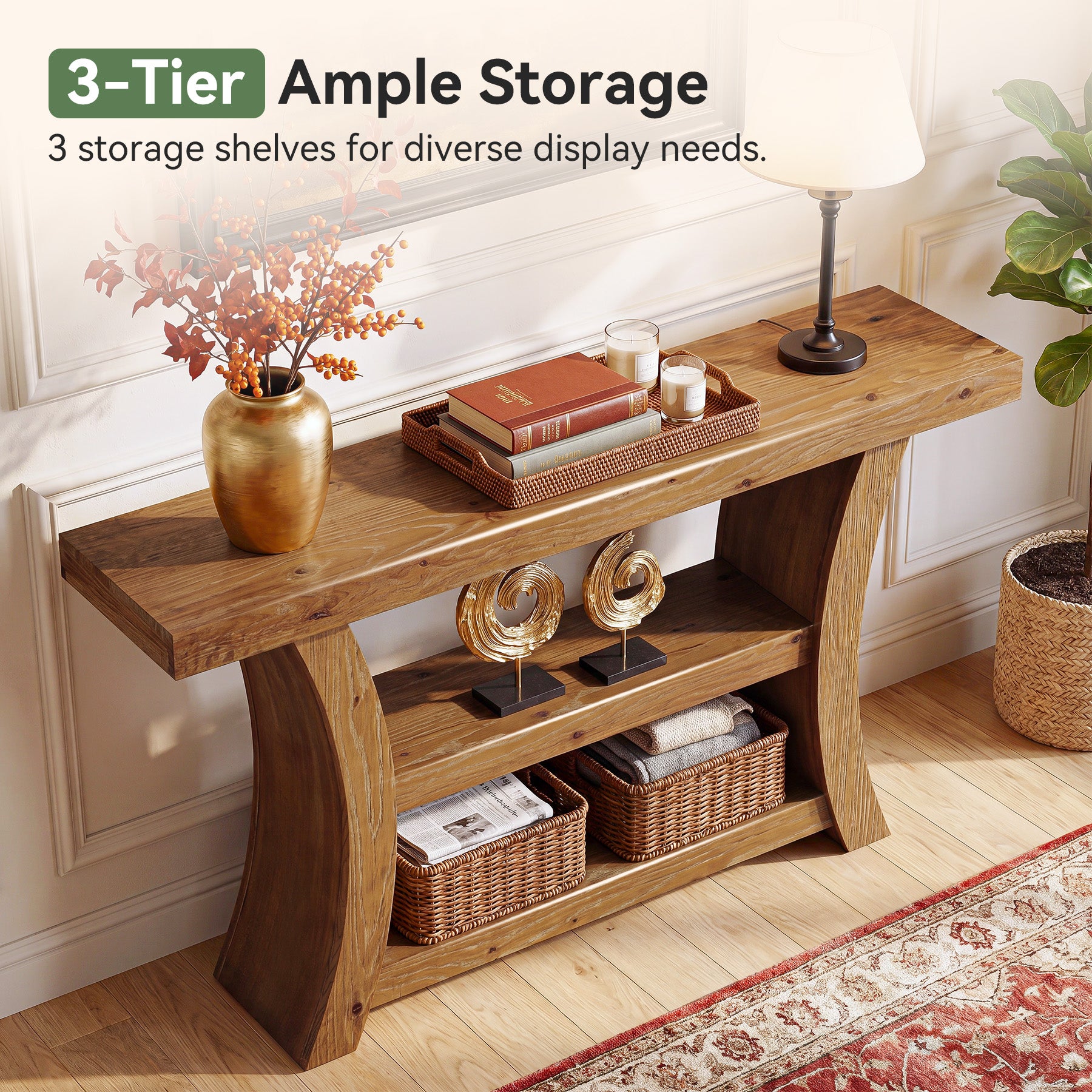 55" Solid Wood Console Table, 3-Tier Entryway Sofa Table with Open Shelves for Entrance
