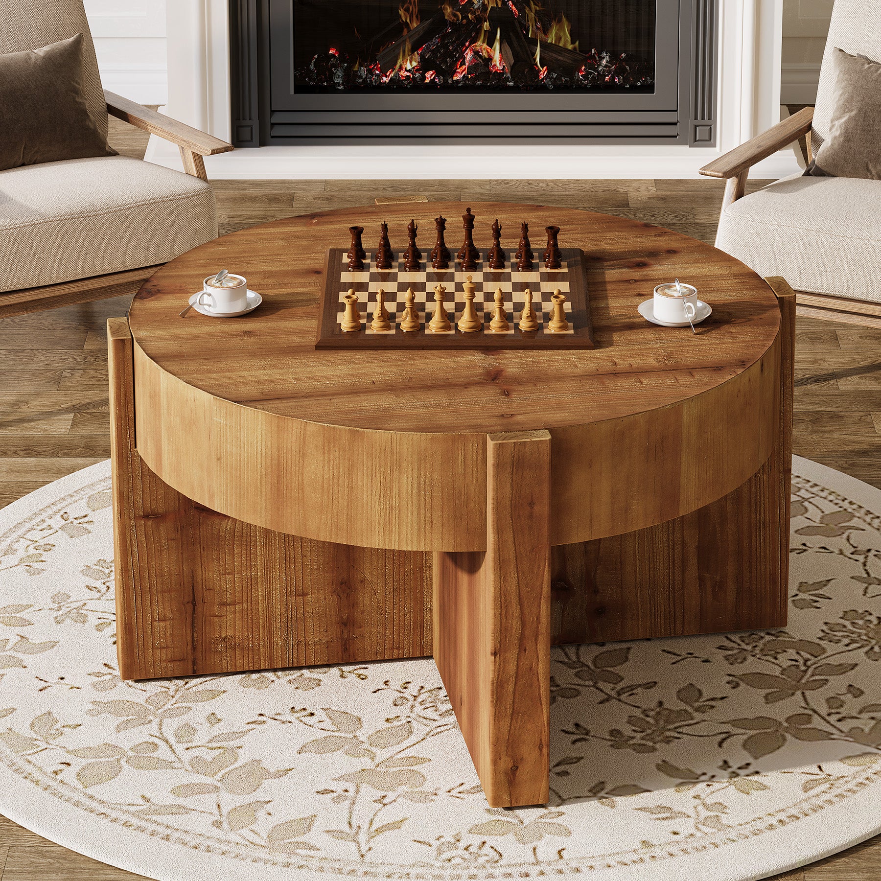 31.5" Round Coffee Table, Solid Wood Center Table with X-Shaped Legs