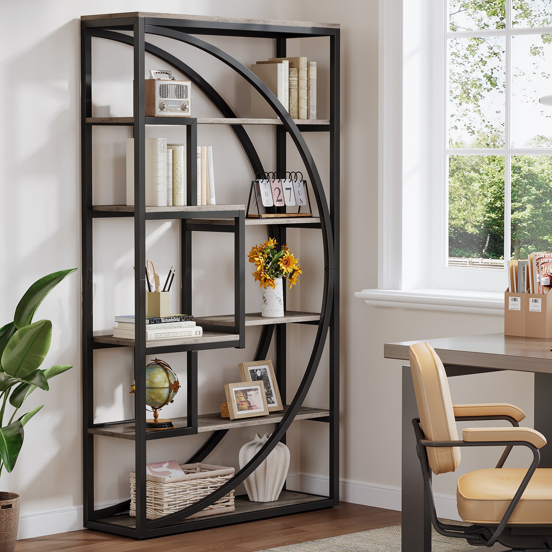 70.8” Tall Modern Geometric Bookcase, 5-Tier Etagere with 8 Open Shelves