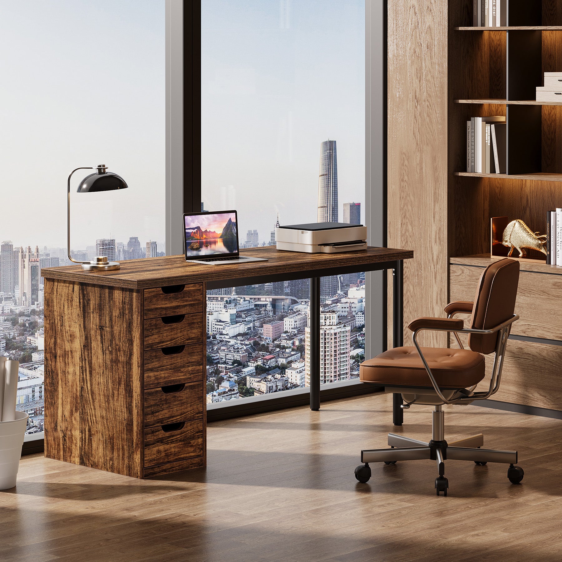 Tribesigns 47" Computer Desk with 5 Reversible Drawers, Rustic Home Office Workstation