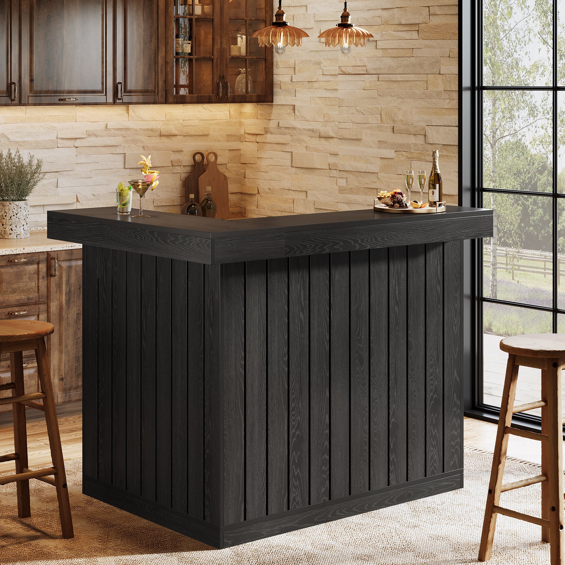 L-Shaped Bar Unit, 4-Tier Corner Liquor Bar Table with Storage Shelves
