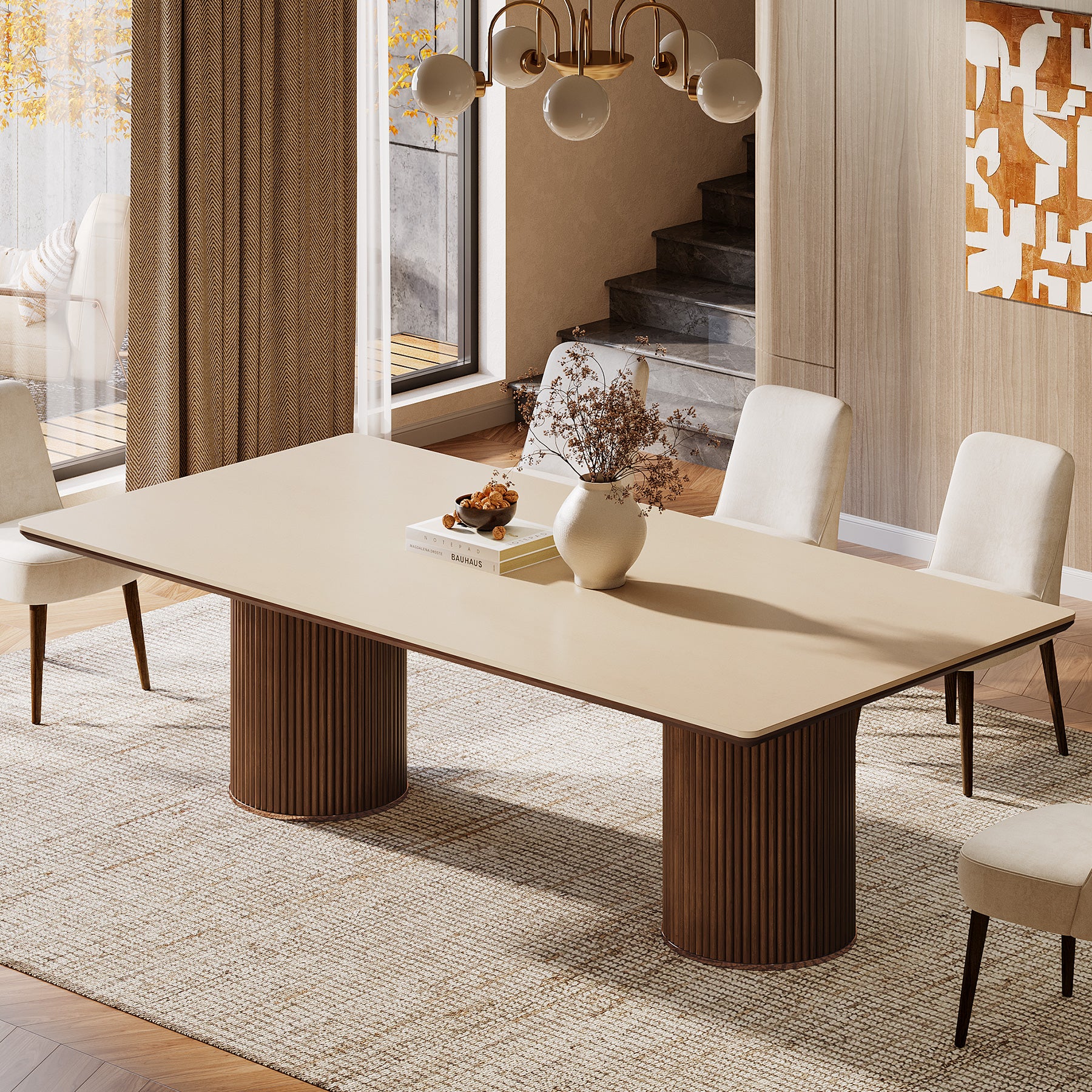 Sandstone Dining Table, Luxury Beige Marble Kitchen Table