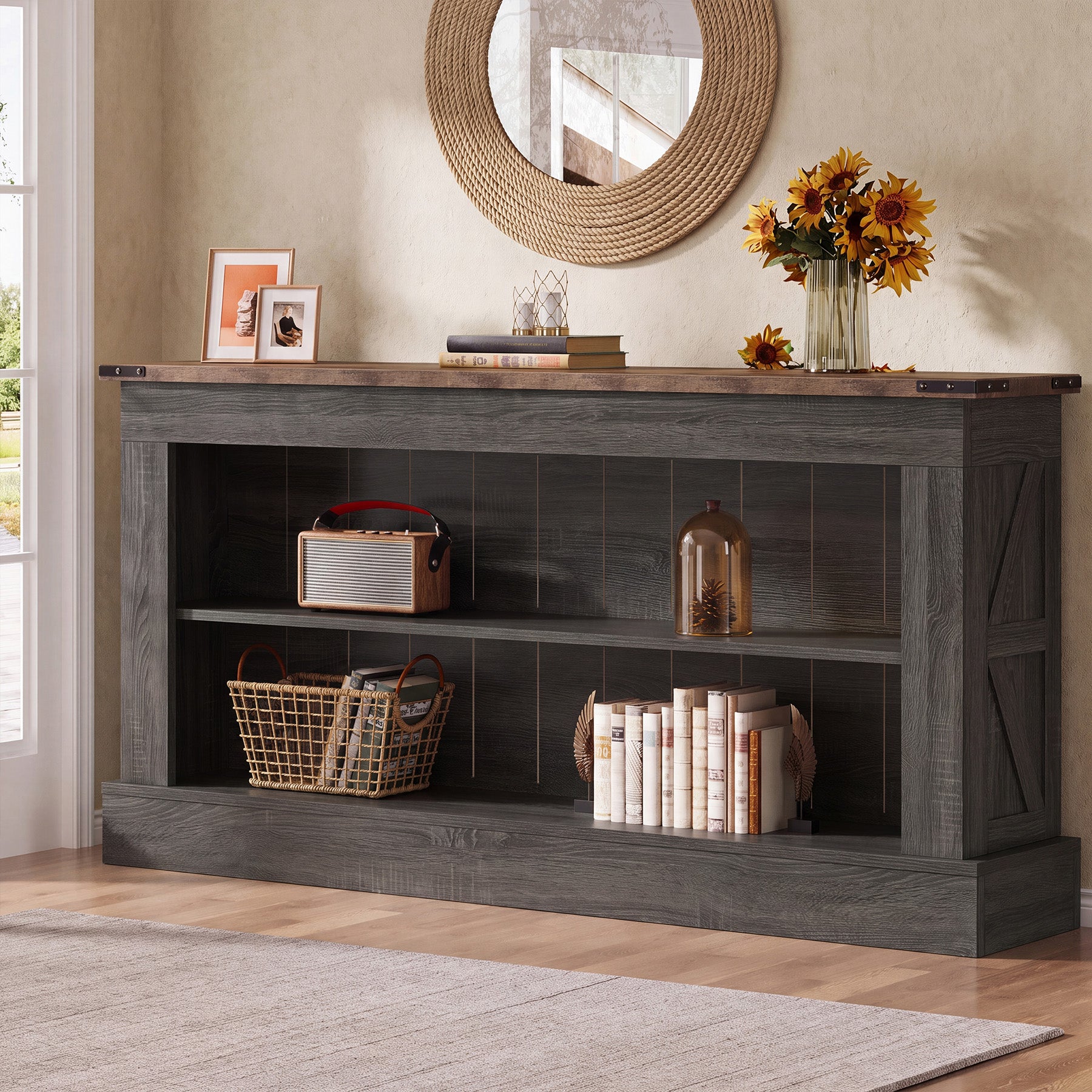 63" Console Table, Long Entryway Table Sofa Table With Storage