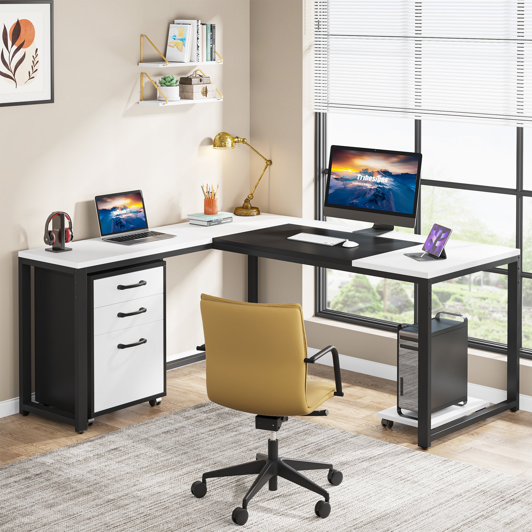 L-Shaped Computer Desk, 63" Executive Desk with Mobile File Cabinet