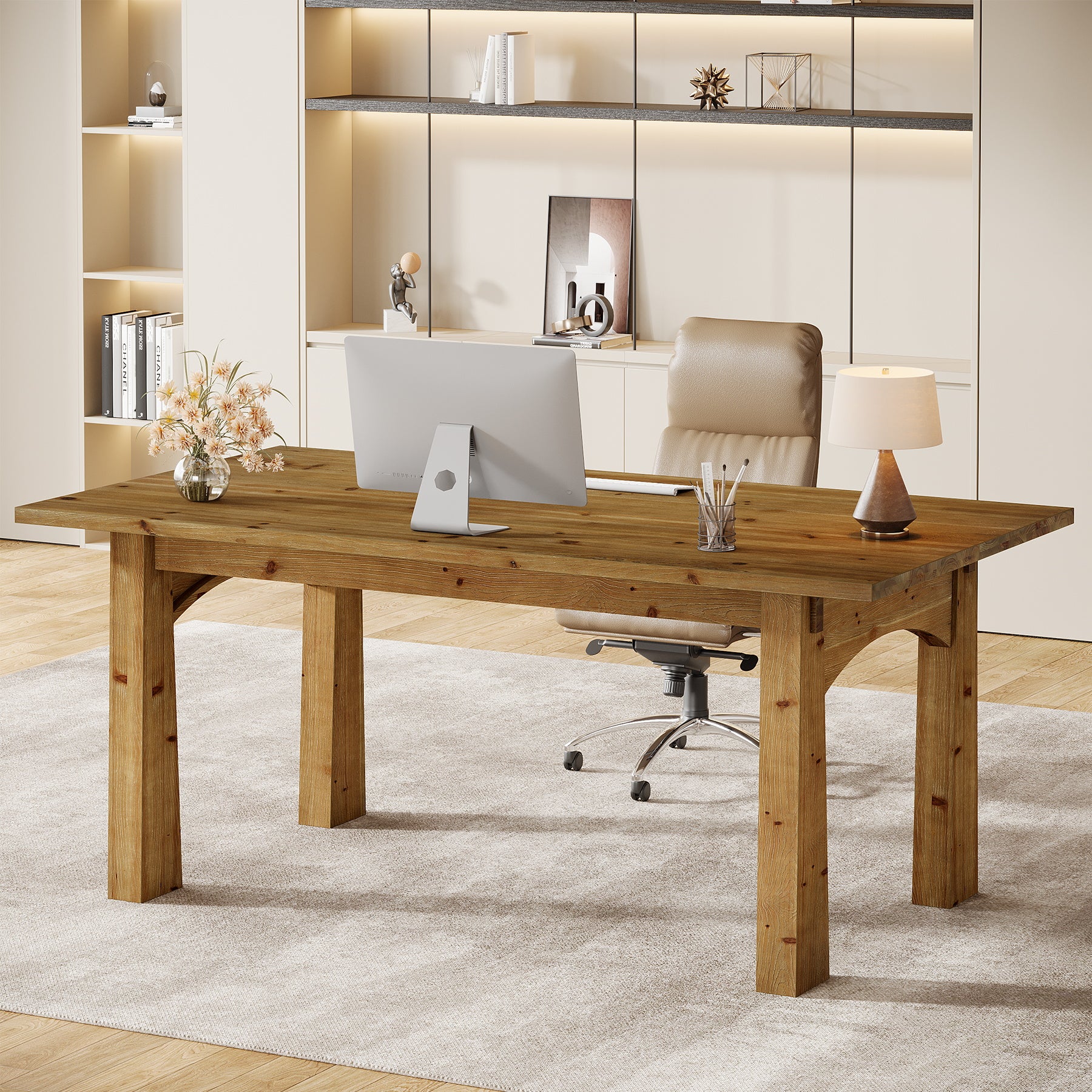Solid Wood Executive Desk, 63" Computer Desk with Sturdy Wooden Legs