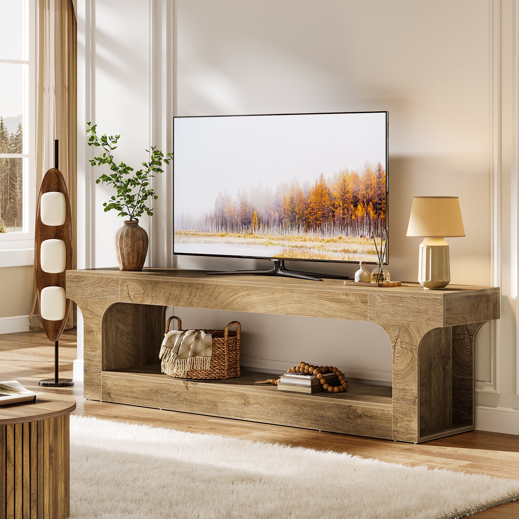 63” Farmhouse TV Stand for 55–75 Inch TVs, Entertainment Center with 2-Tier Open Storage Shelves