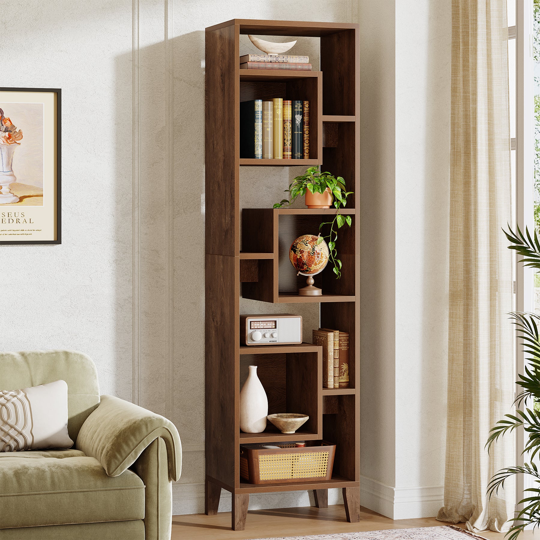 71" Narrow Bookshelf, 8-Tier Staggered Bookcase Etagere Display Shelf