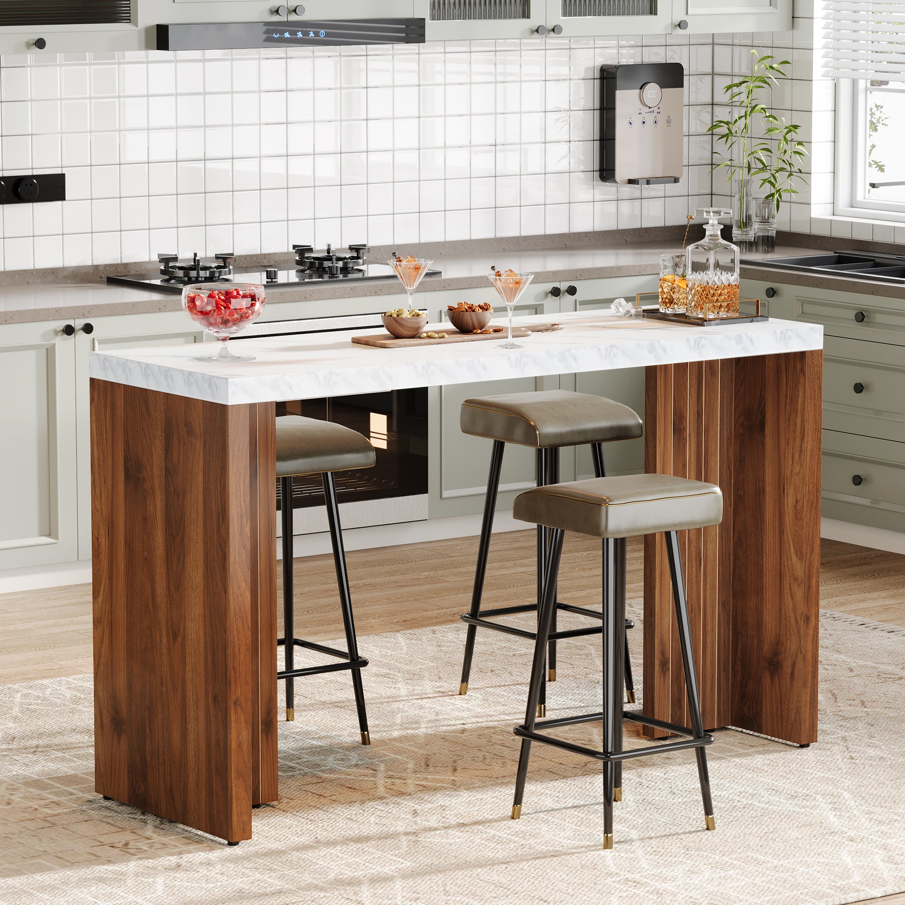 55" Bar Table, Moedern Counter Height Pub Table with Faux Marble Tabletop