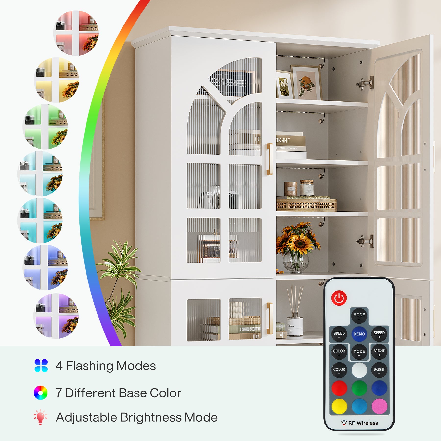 69" Storage Cabinet, Modern Bookcase with Doors and LED Lights