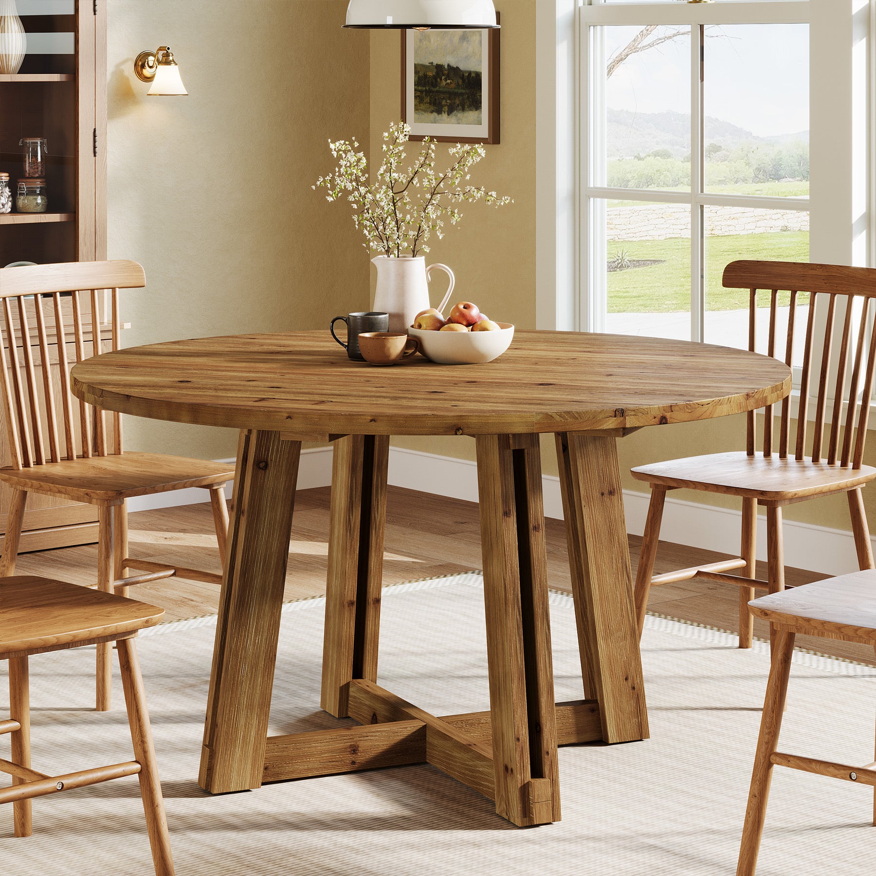 47" Round Dining Table, Solid Wood Kitchen Table with Sturdy Legs for 4-6