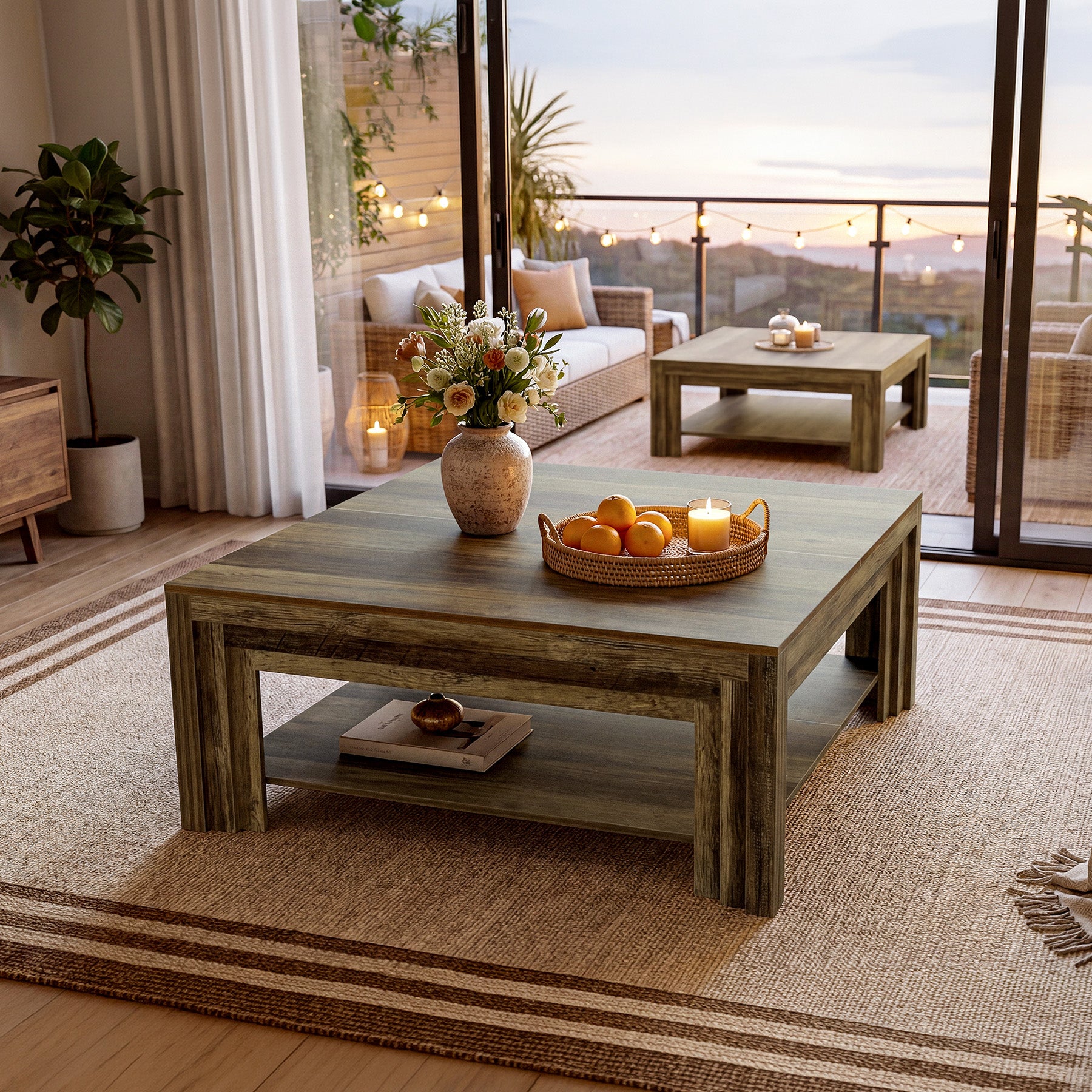 Farmhouse Square Coffee Table with Shelf
