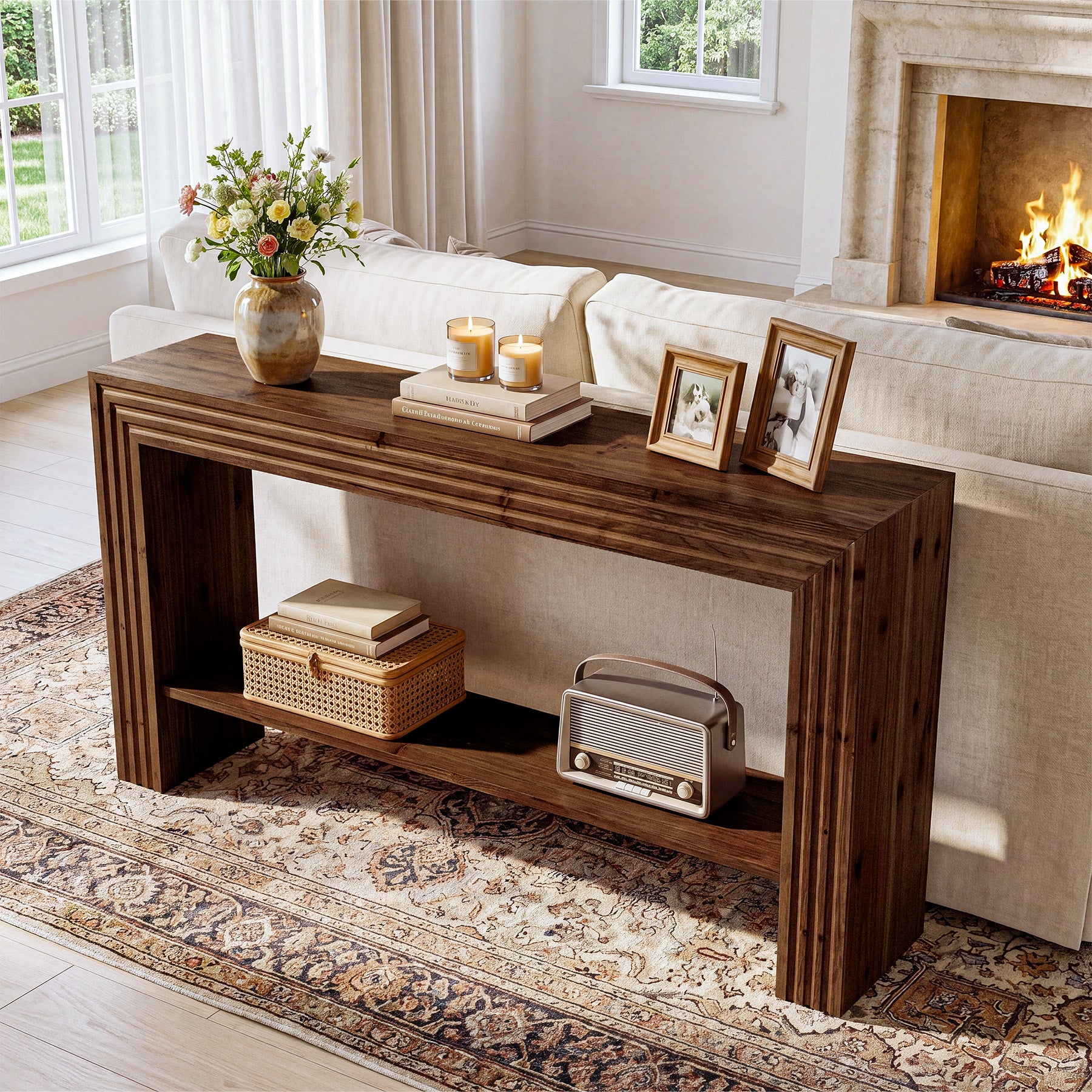 63" Solid Wood Farmhouse Console Table, Entryway & Sofa Table with Storage Shelf