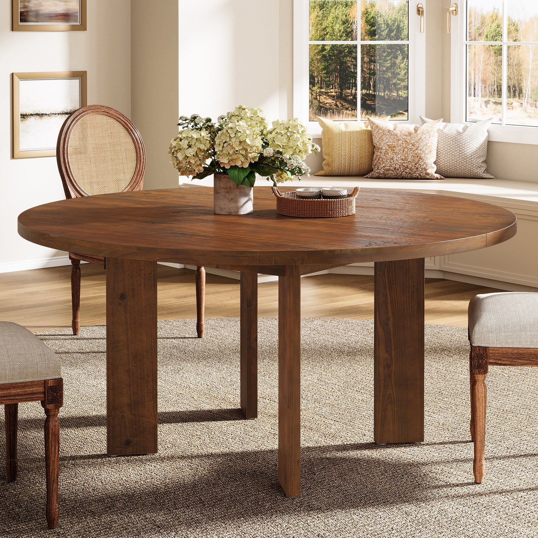 Solid Wood Round Dining Table, 47.24" Farmhouse Kitchen Table for 4-6 People