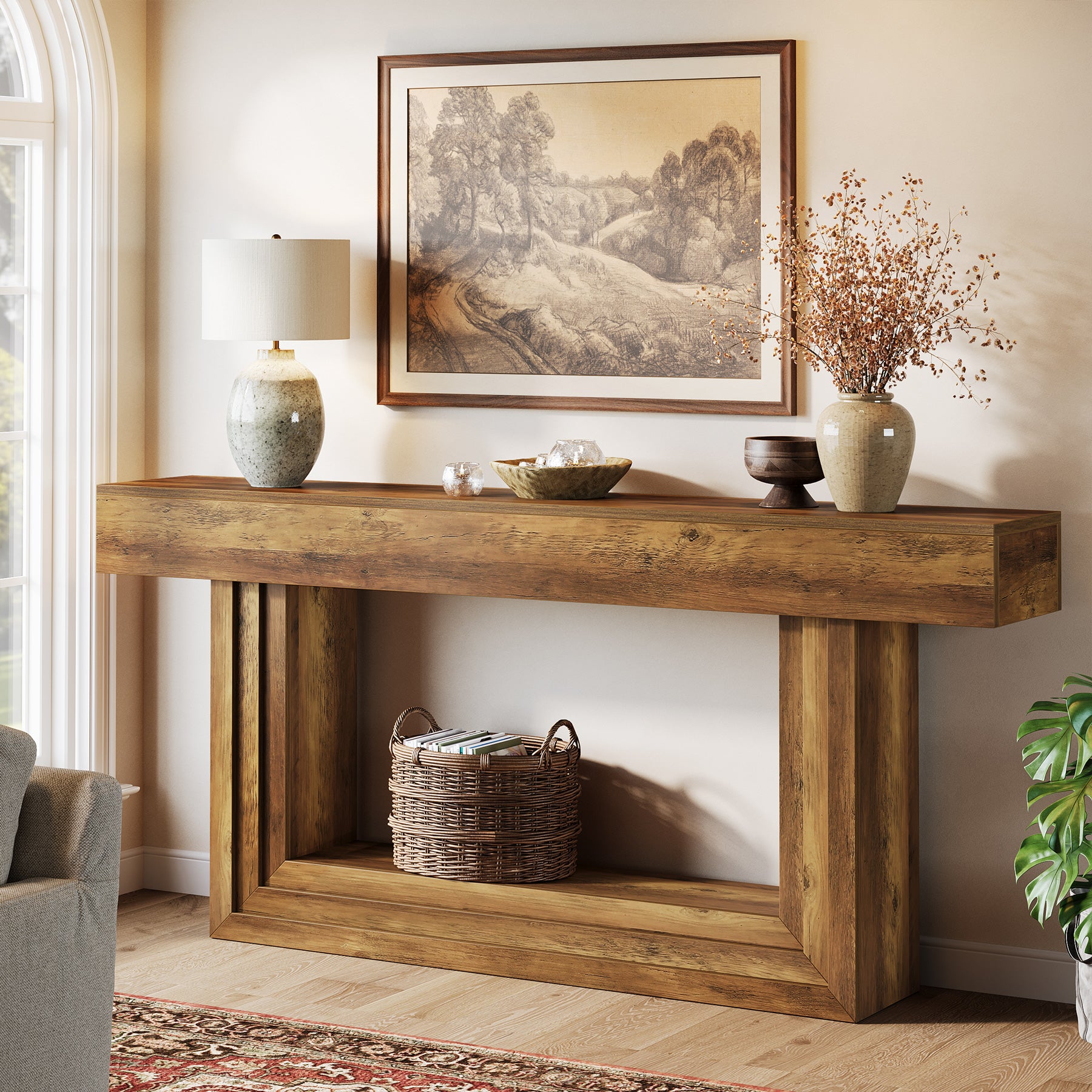 63” Narrow Console Table with 2-Tier Storage, Farmhouse Entryway Table Behind Couch