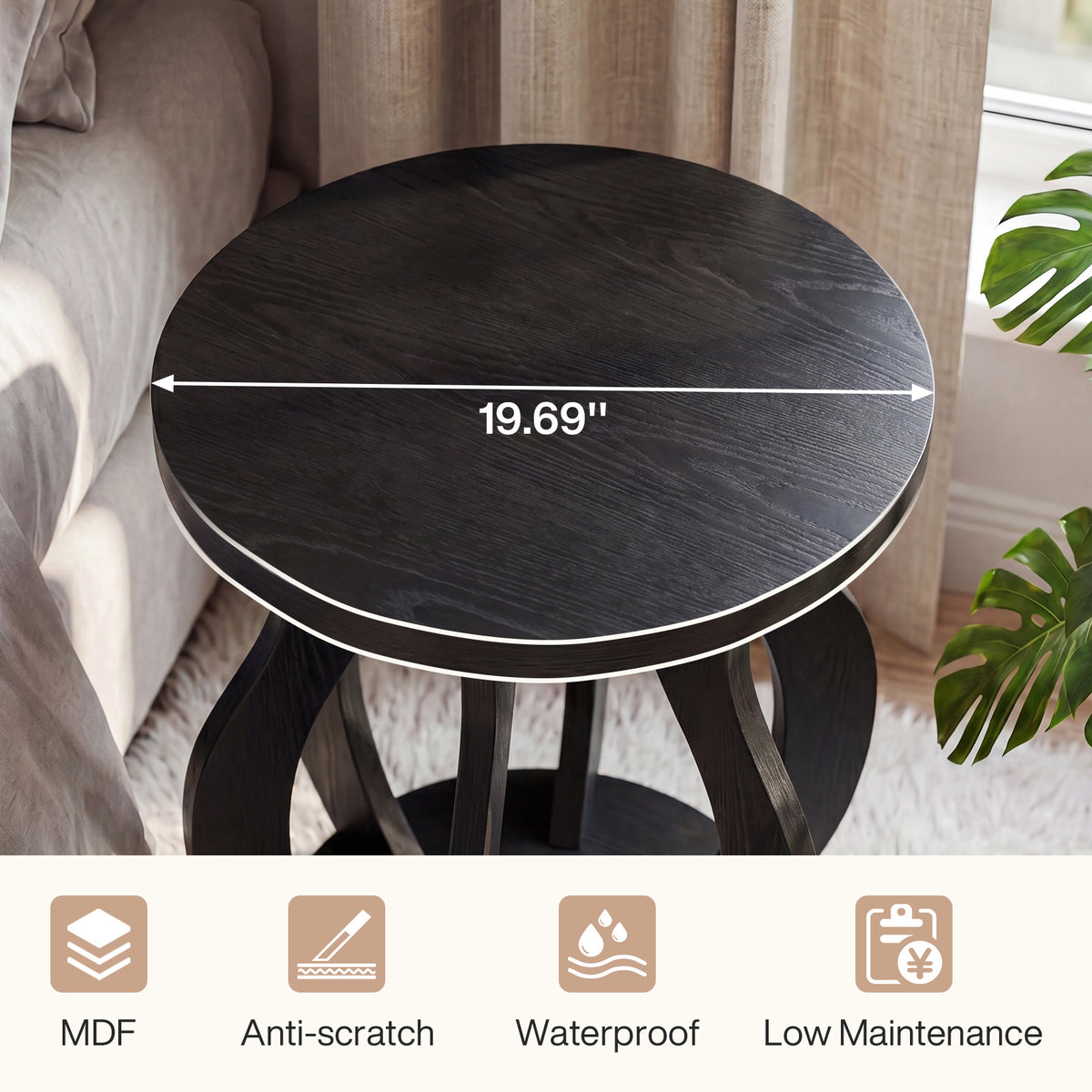19.69" Curved Wooden Round Side Table for Small Spaces