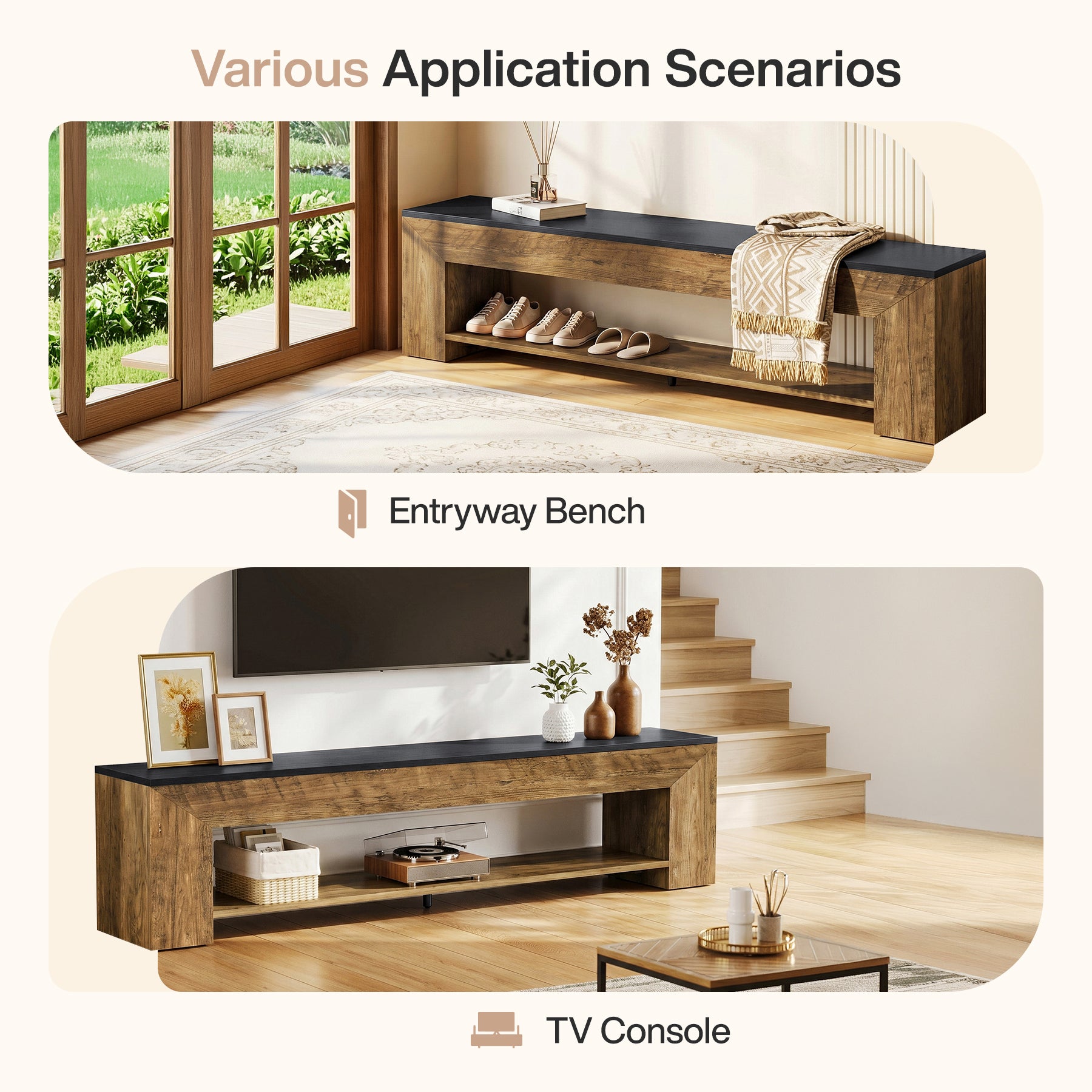 71" Entryway Bench with Shoe Storage, Farmhouse Shoe Bench with 2 Shelves