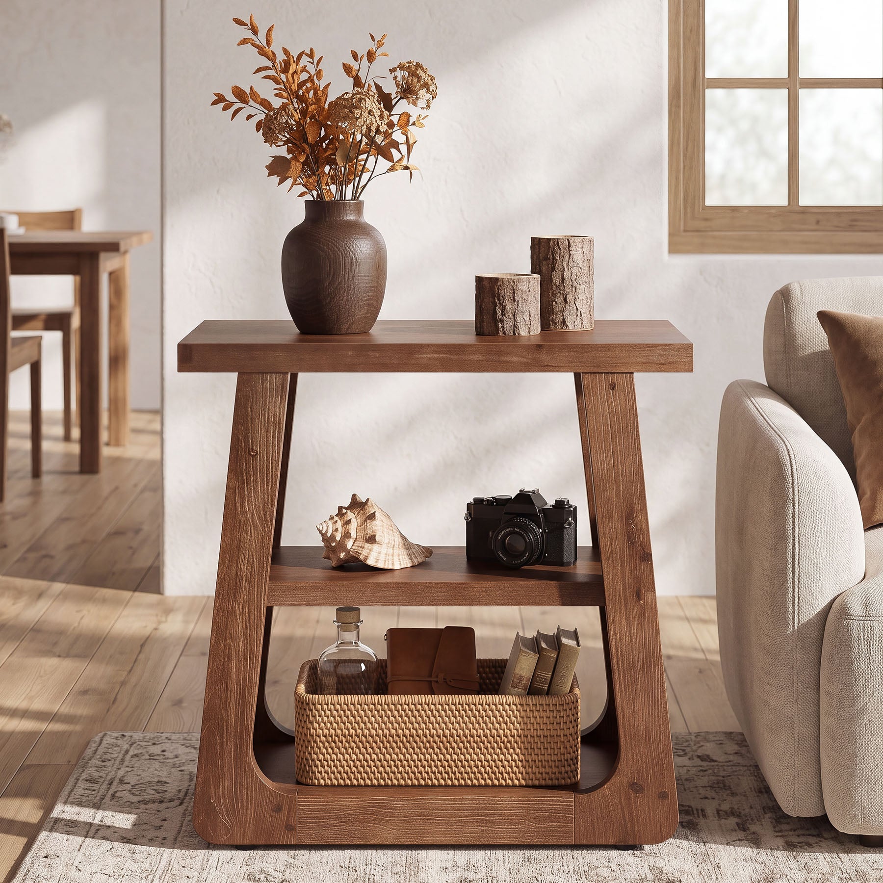 Solid Wood Side Table, Farmhouse End Table with 3-Tier Storage Shelves for Small Spaces