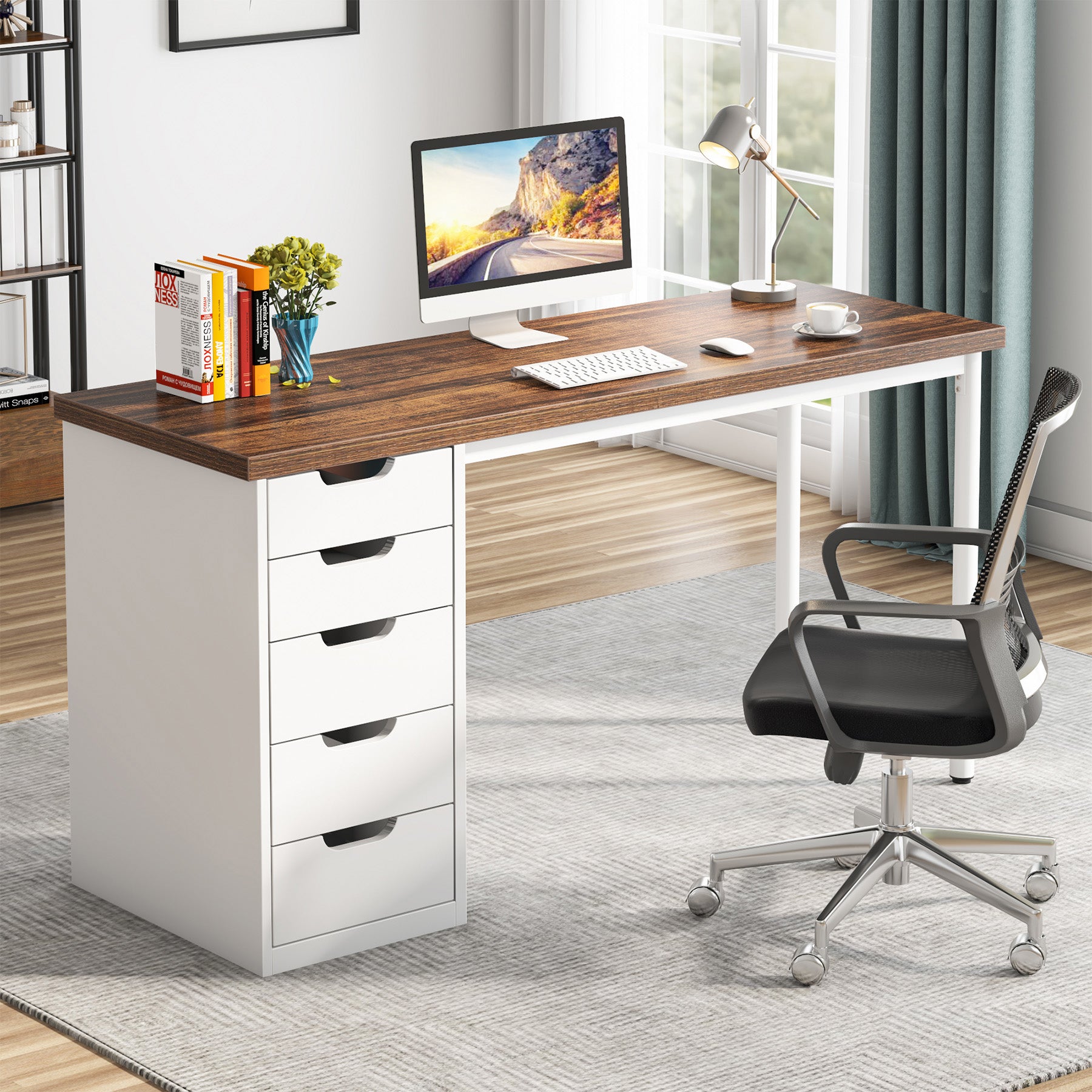 47" Computer Desk with 5 Drawers, Compact Storage Home Office Desk