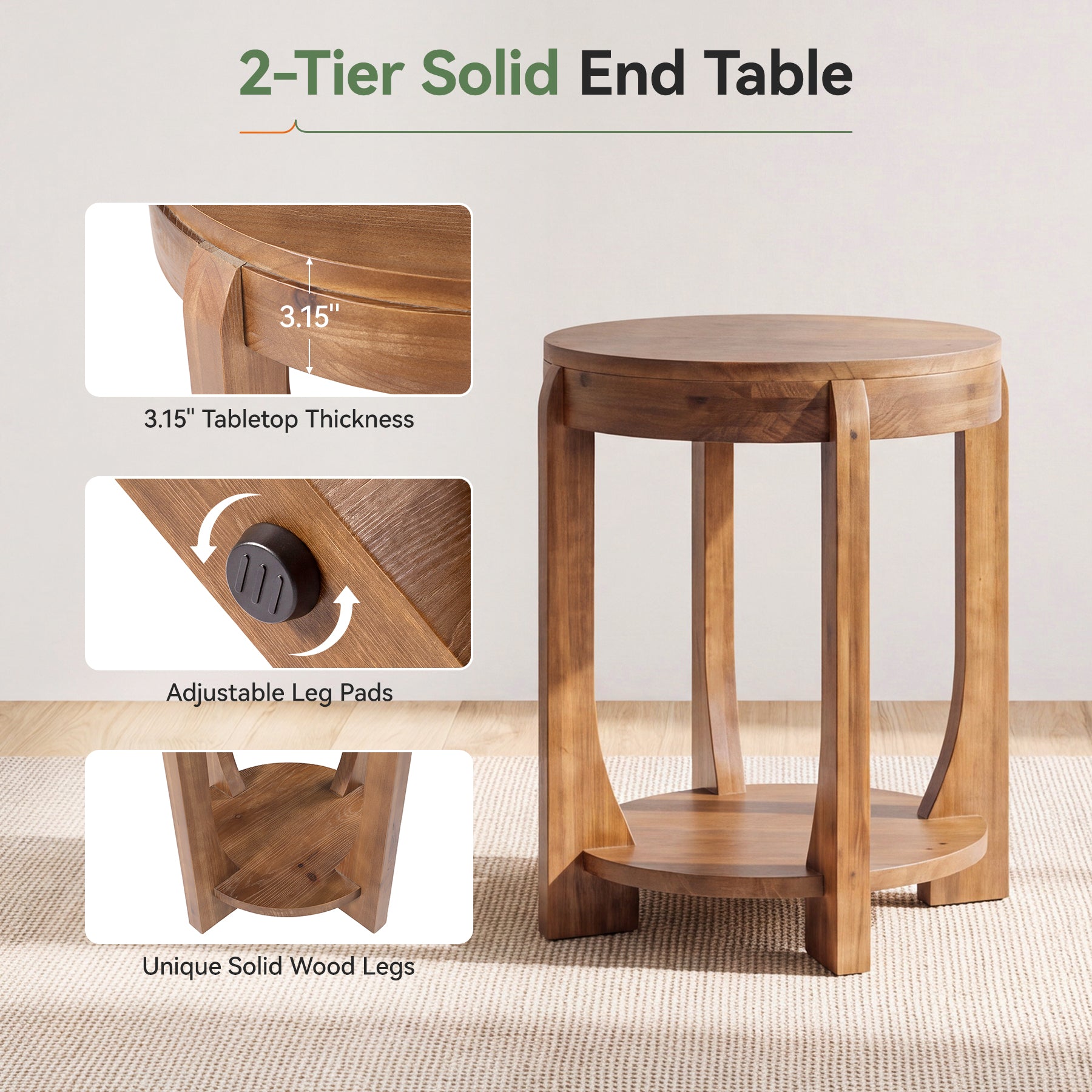 Solid Wood End Table, 2-Tier Round Side Table with Storage Shelf for Living Room, Bedroom