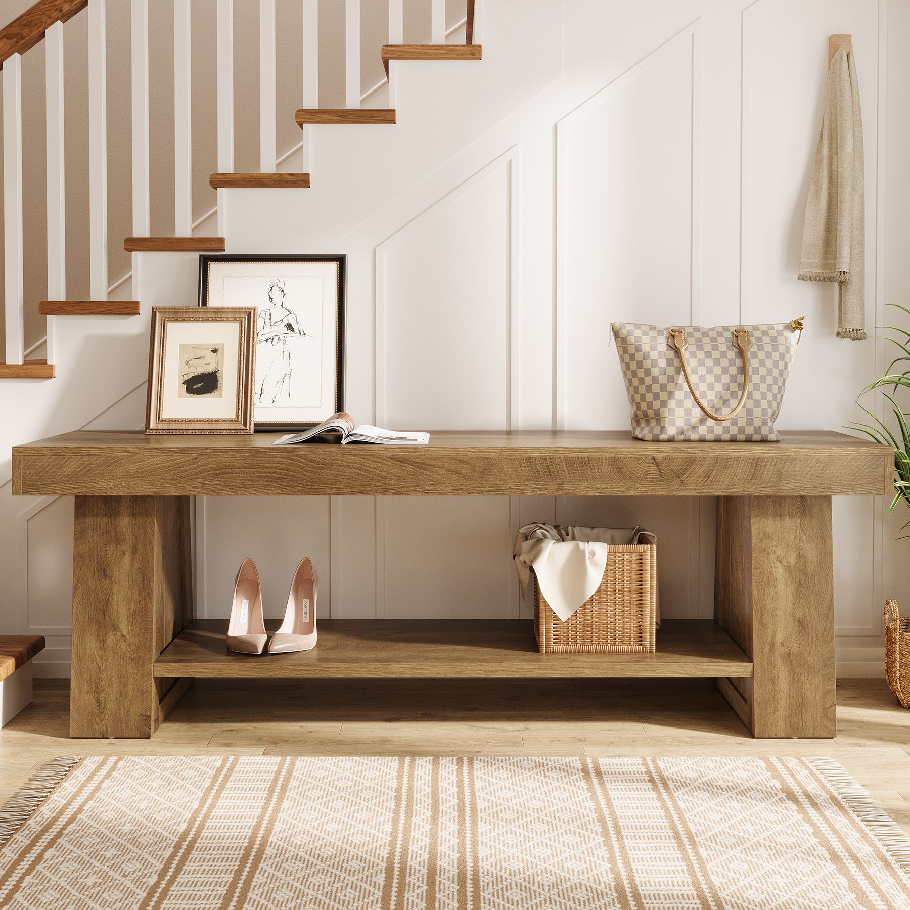 63" Entryway Bench with Storage Shelf, 2-Tier Hallway Shoe Bench