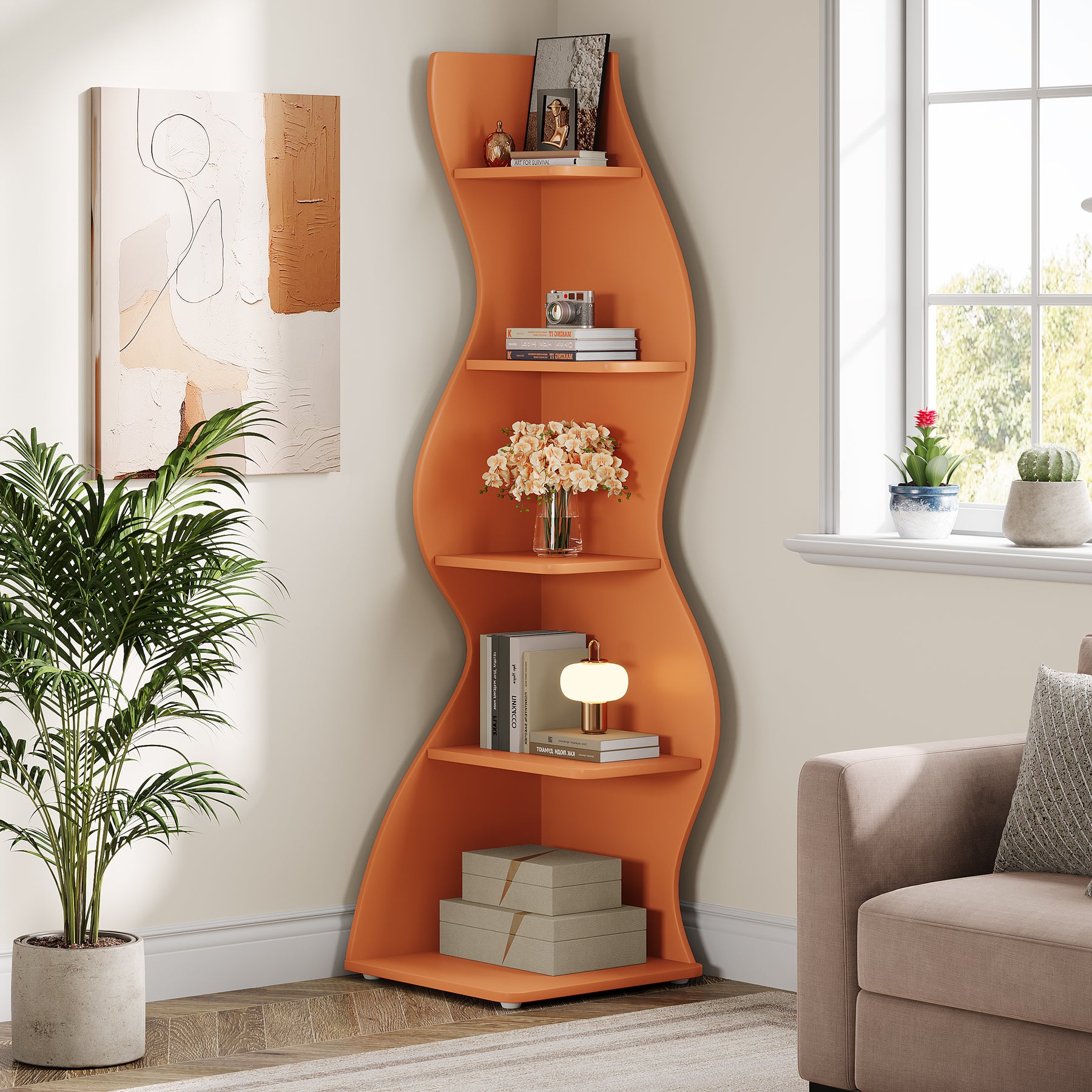 Wavy Corner Shelf, 5-Tier Bookshelf Bookcase Display Rack