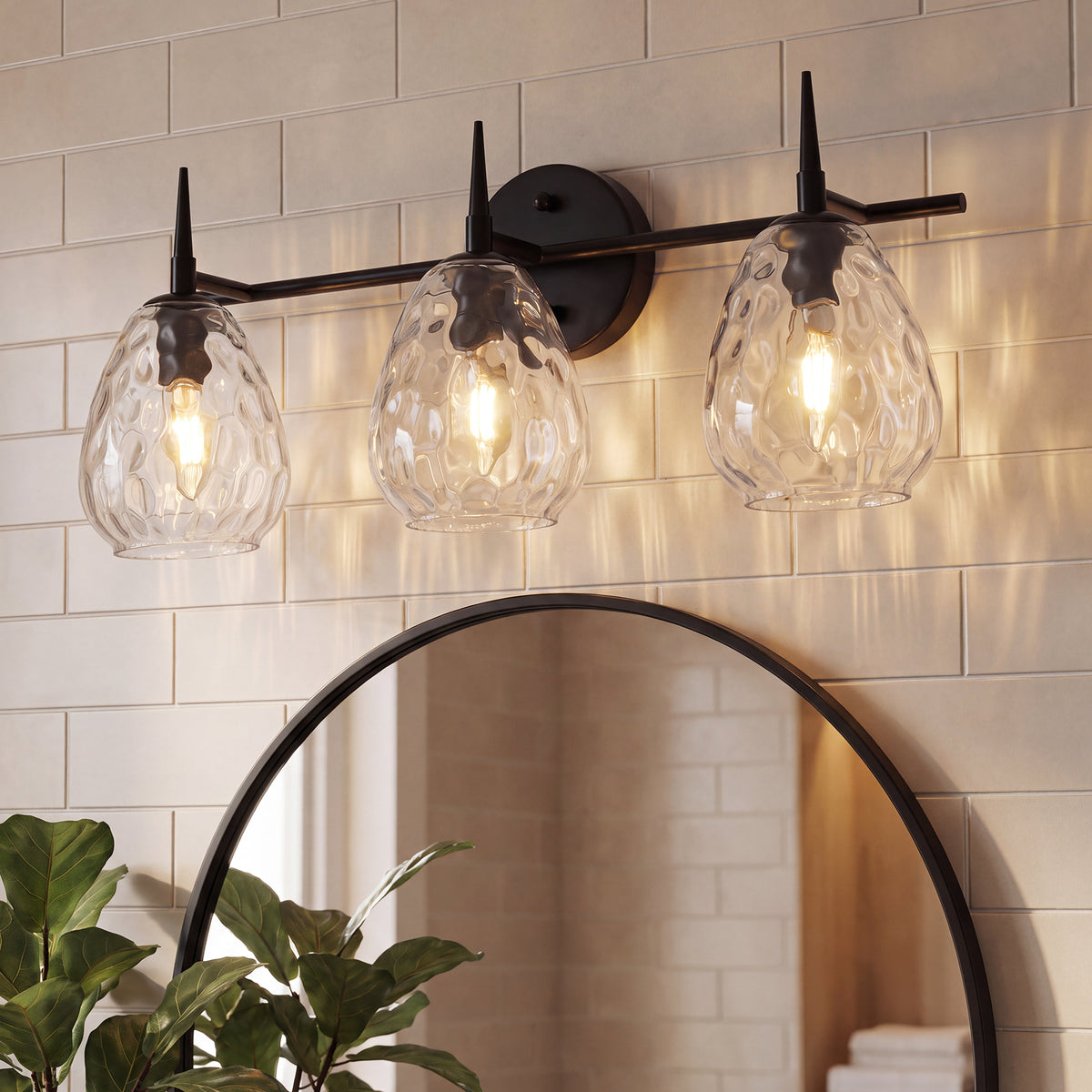 3-Light 22" Bathroom Vanity Light, Matte Black Wall Sconce with Hammered Glass