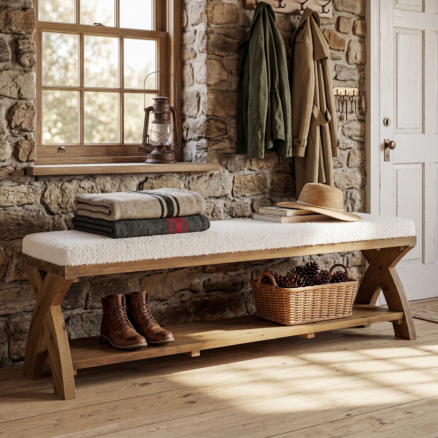 Solid Wood Upholstered Shoe Bench, Entryway Bench with Padded Seat and Storage Shelf