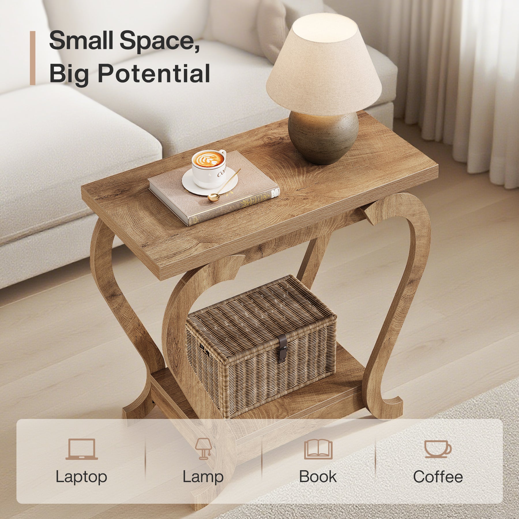 2-Tier End Table, Narrow Accent Side Table with with Storage Shelves