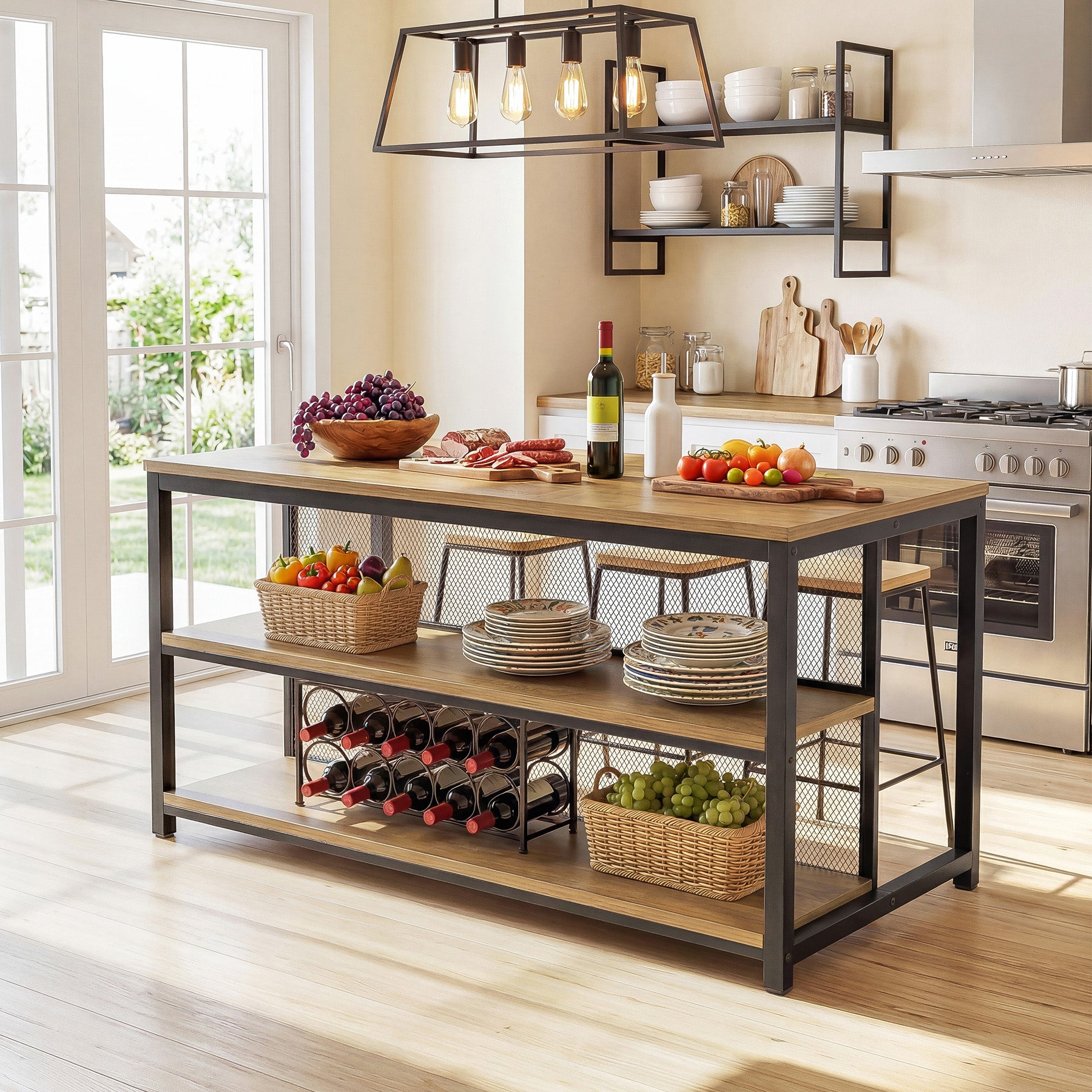 63" Industrial Kitchen Island, Stationary Island Coffee Bar Table With Storage Shelves