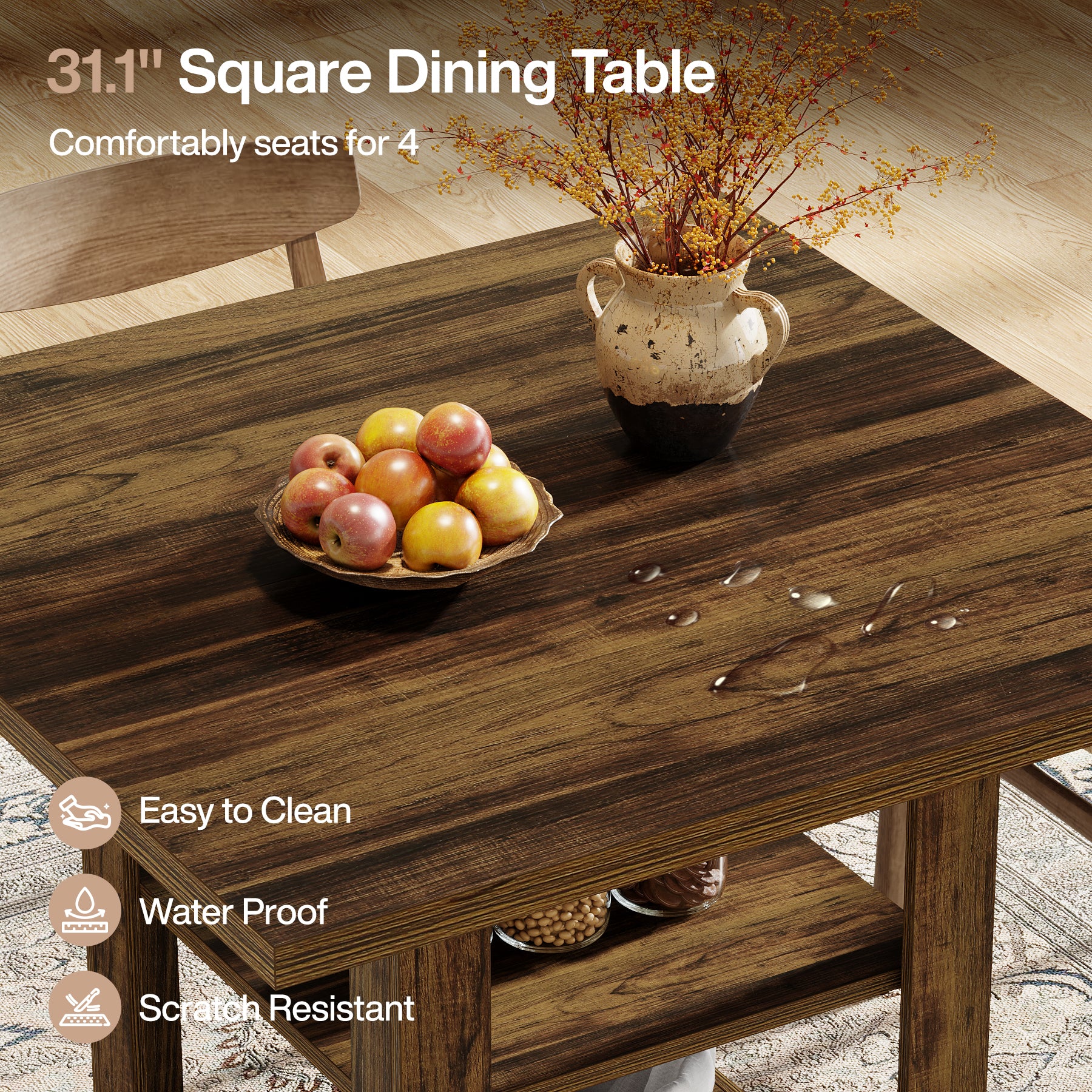 31.1" Square Dining Table for 4, Farmhouse Kitchen Table with 2-Tier Storage Shelf