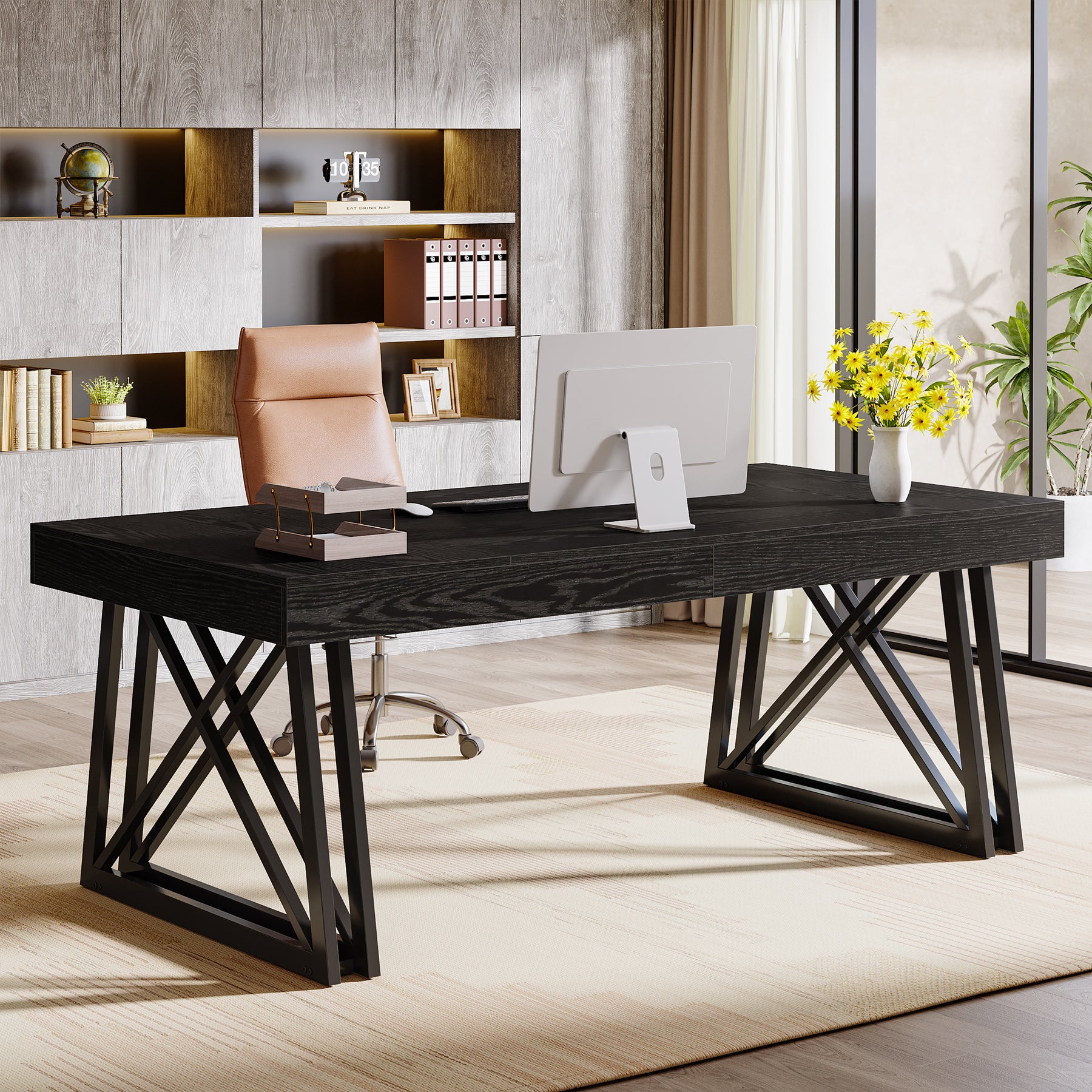 63" Executive Desk, Farmhouse Office Computer Desk with X-Shaped Legs