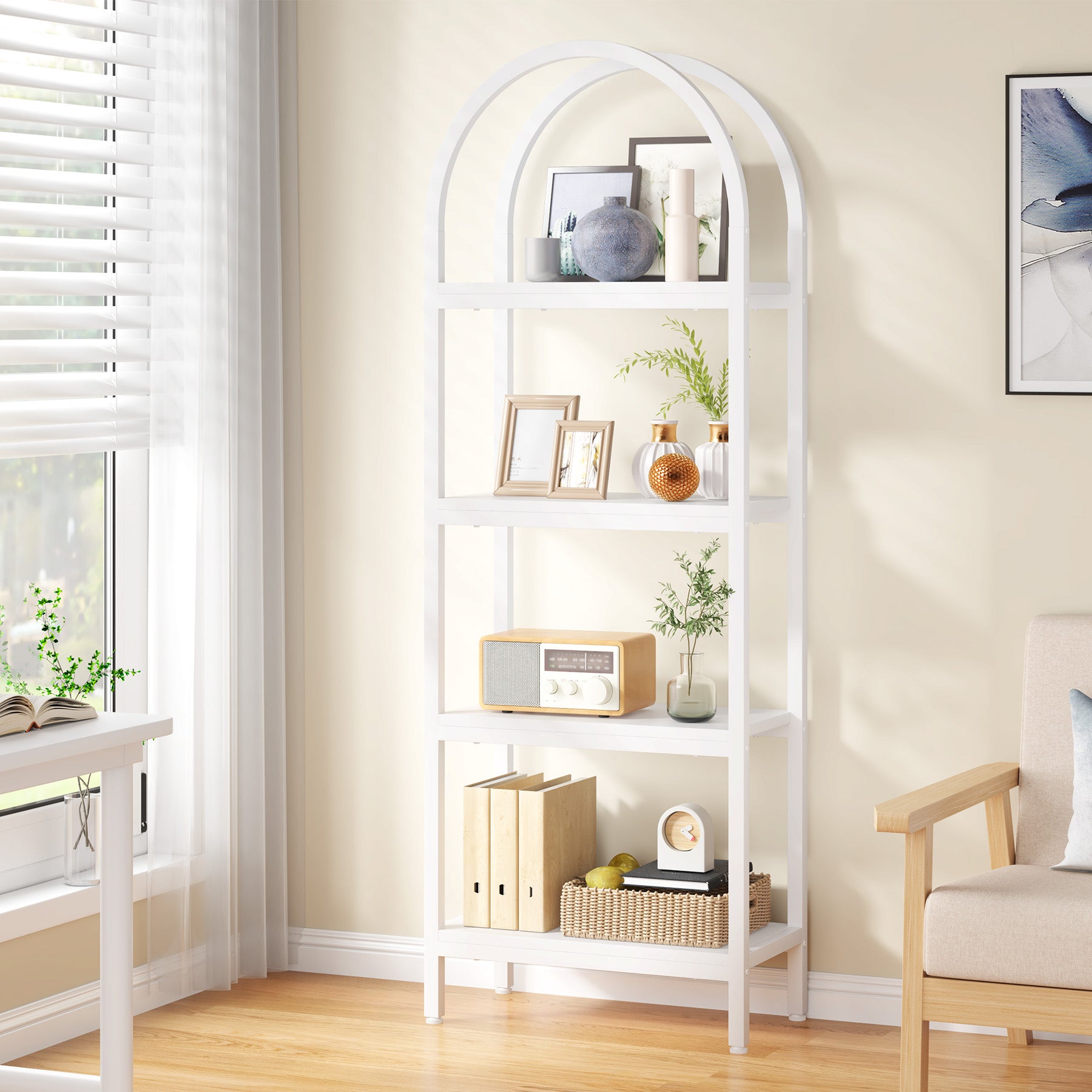 4-Tier / 5-Tier Bookshelf, Arched Bookcase Display Rack with Storage Shelves