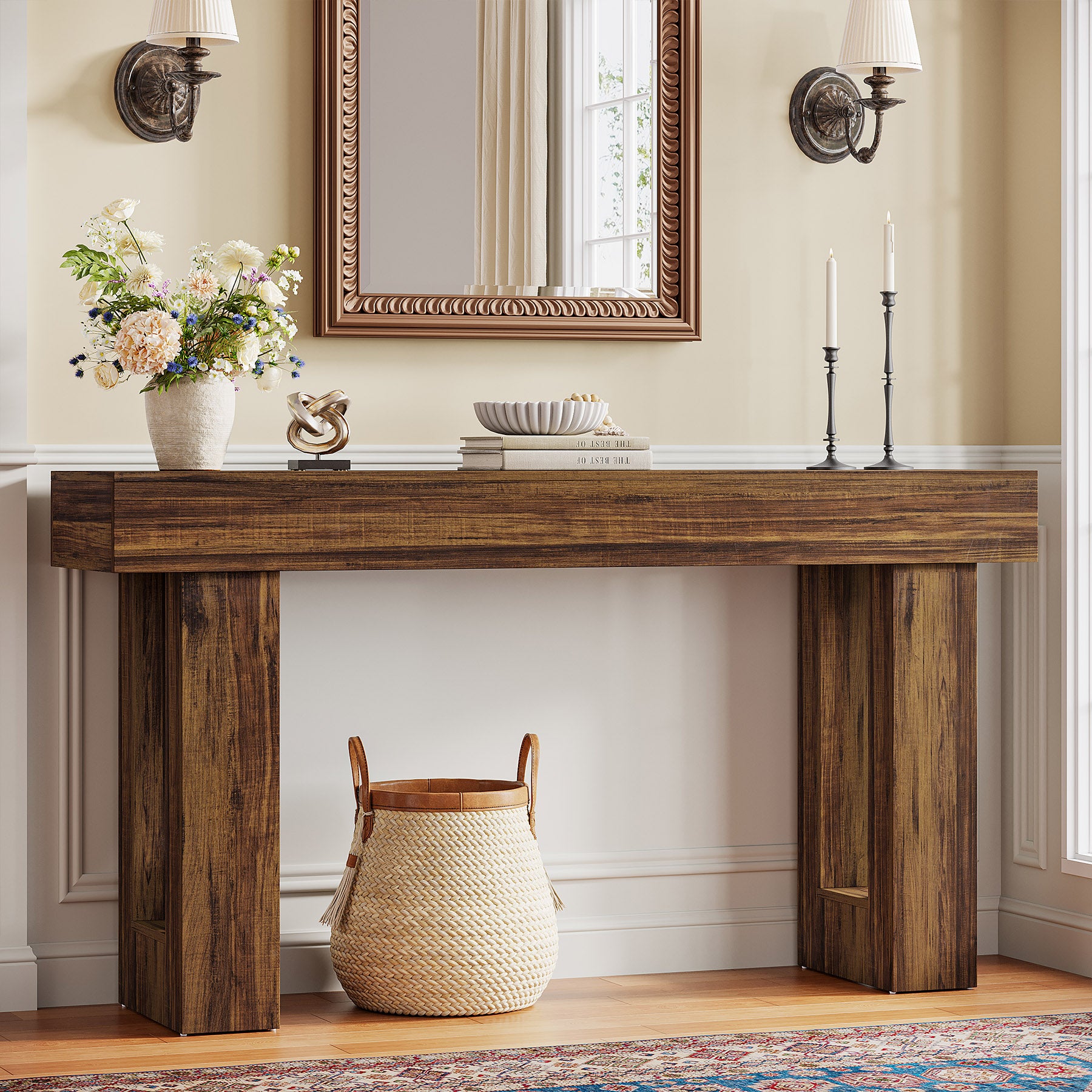 63" Console Table, Rectangular Sofa Table with Thick Legs Behind Couch