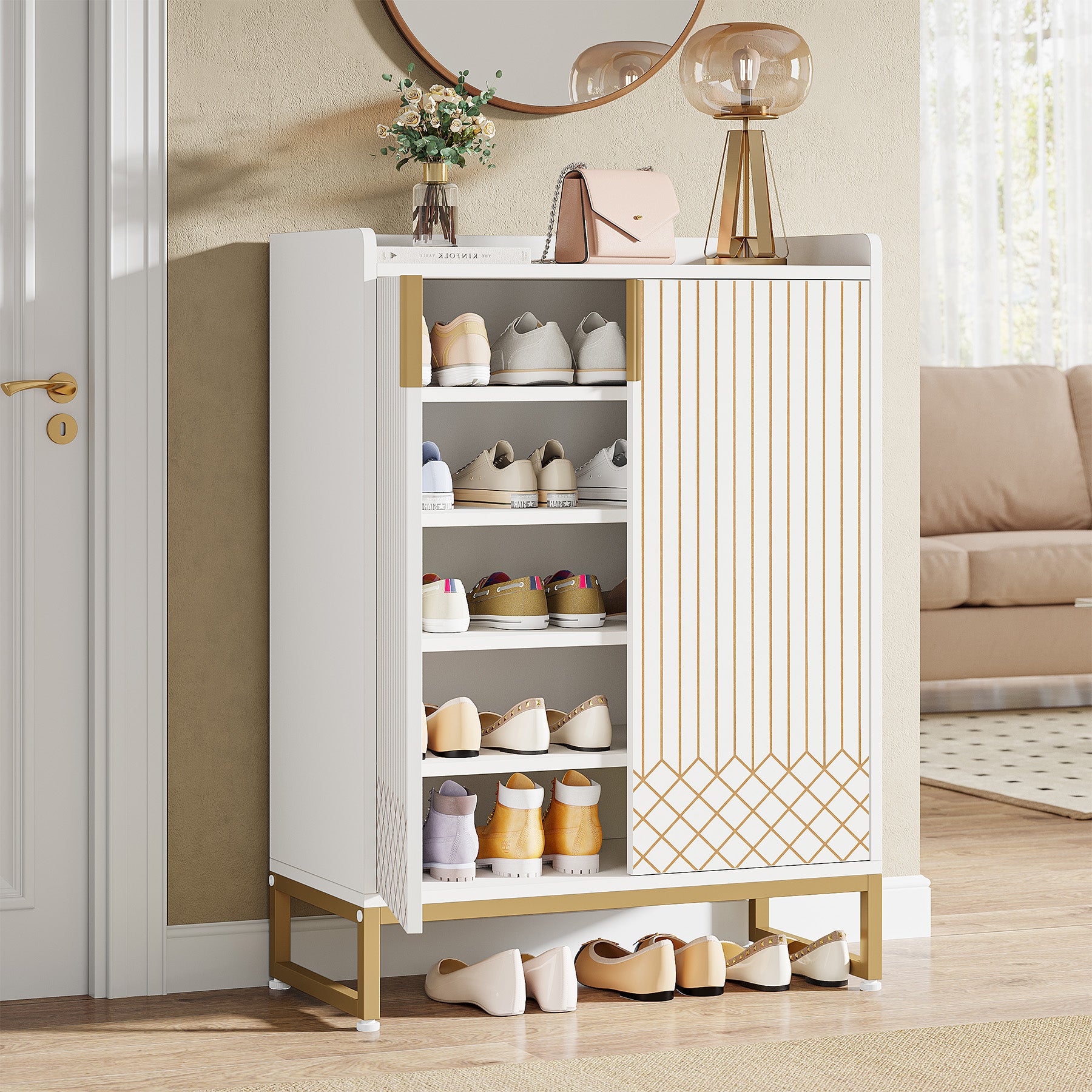 5-Tier Shoe Cabinet with Doors, Freestanding Wood Shoe Organizer for Entryway