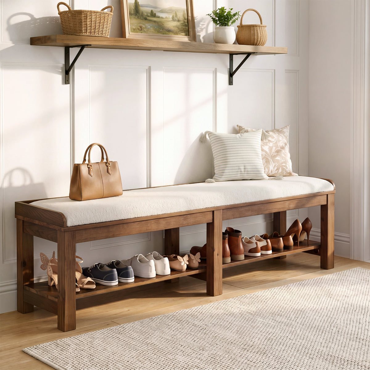 63" Solid Wood Entryway Shoe Bench, 2-Tier Upholstered End of Bed Bench with Cushion