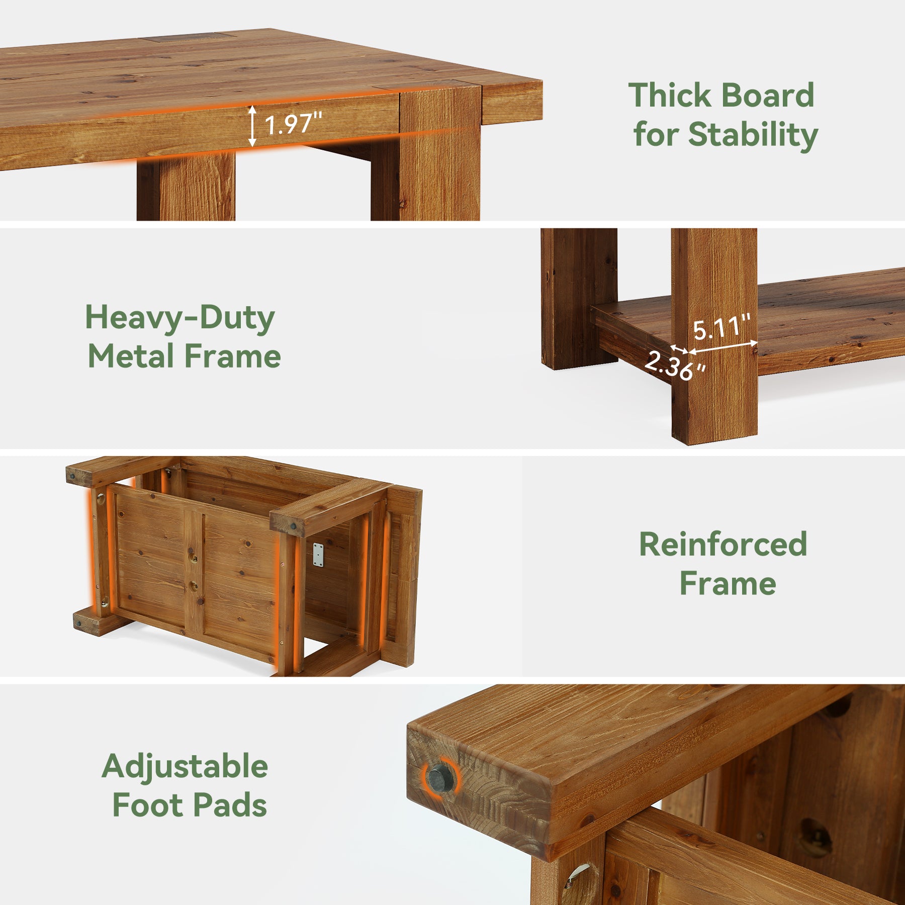 47.2" Solid Wood Coffee Table, Rectangle Center Table with 2-Tier Storage Shelf