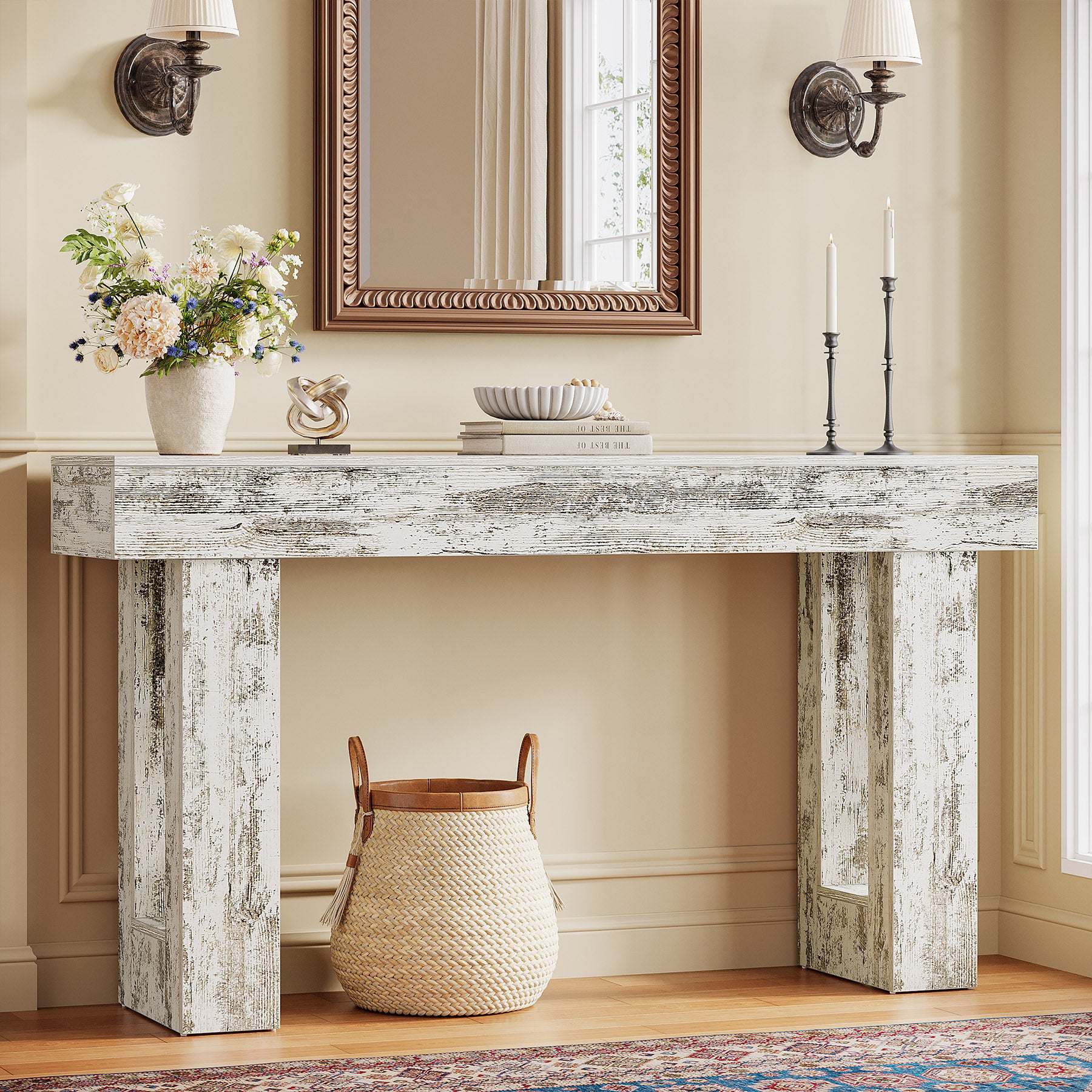 63" Console Table, Rectangular Sofa Table with Thick Legs Behind Couch