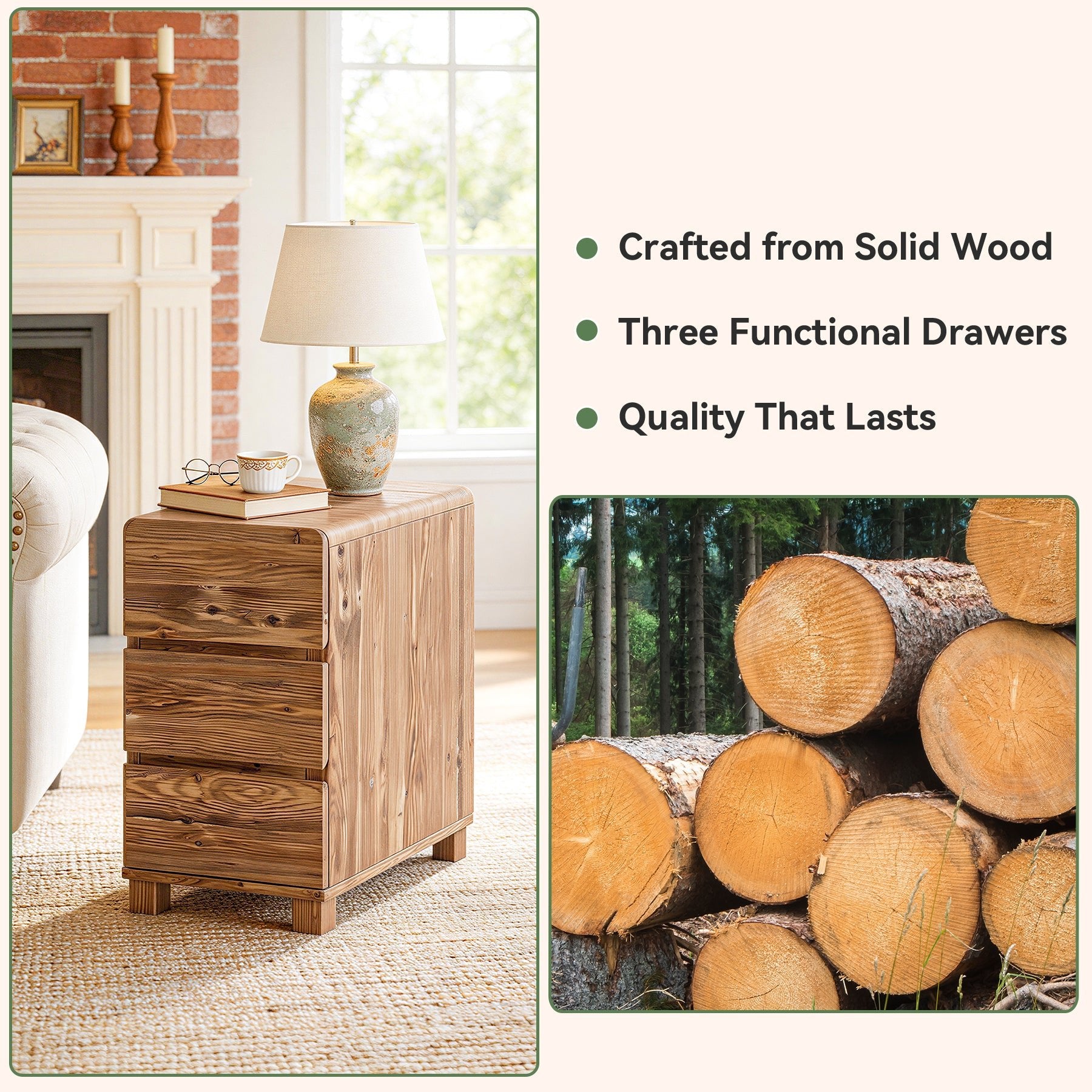 Tribesigns 3-Drawer Side Table, Solid Wood End Table for Living Room