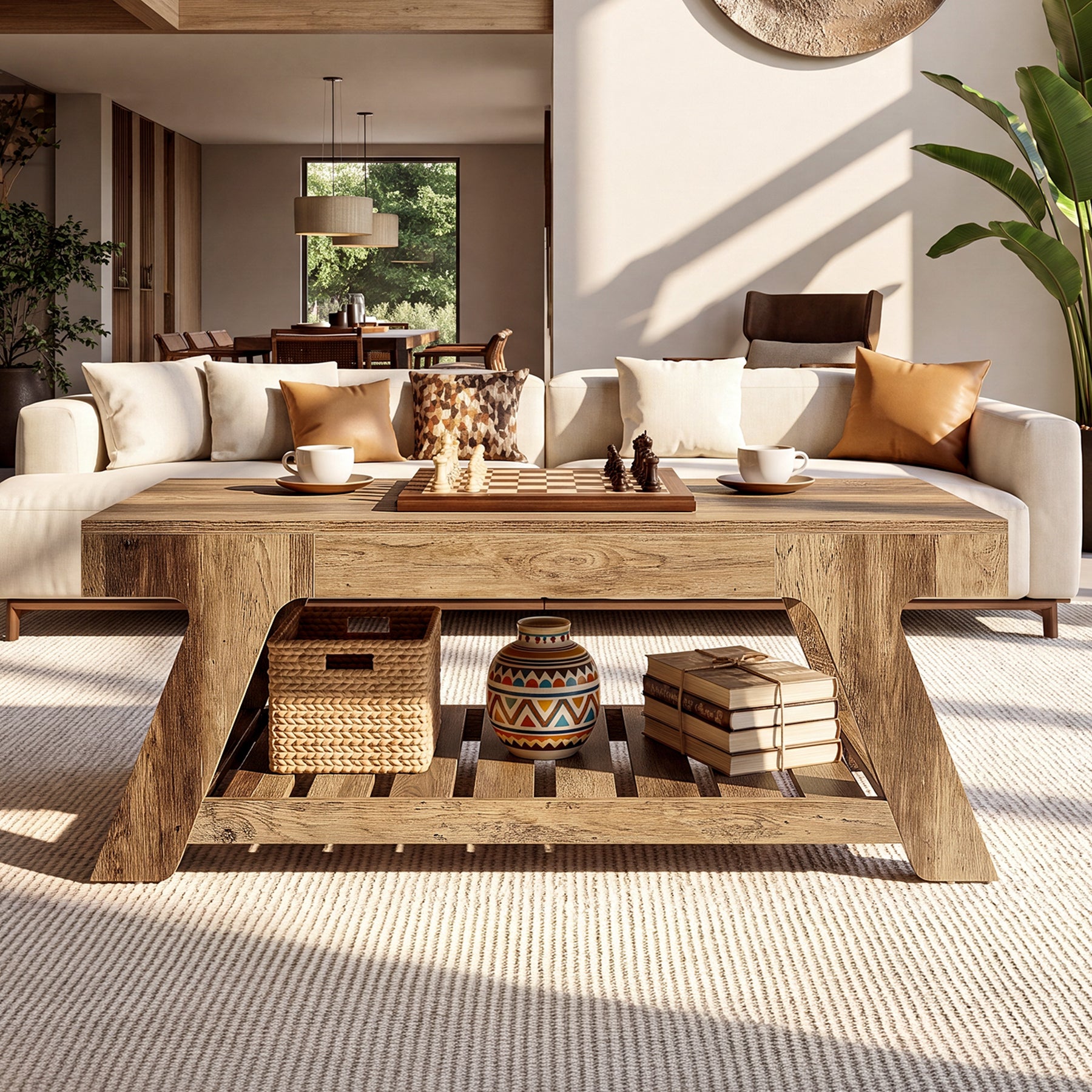 47" Farmhouse Coffee Table, 2-Tier Center Table with Slatted Storage Shelf for Living Room