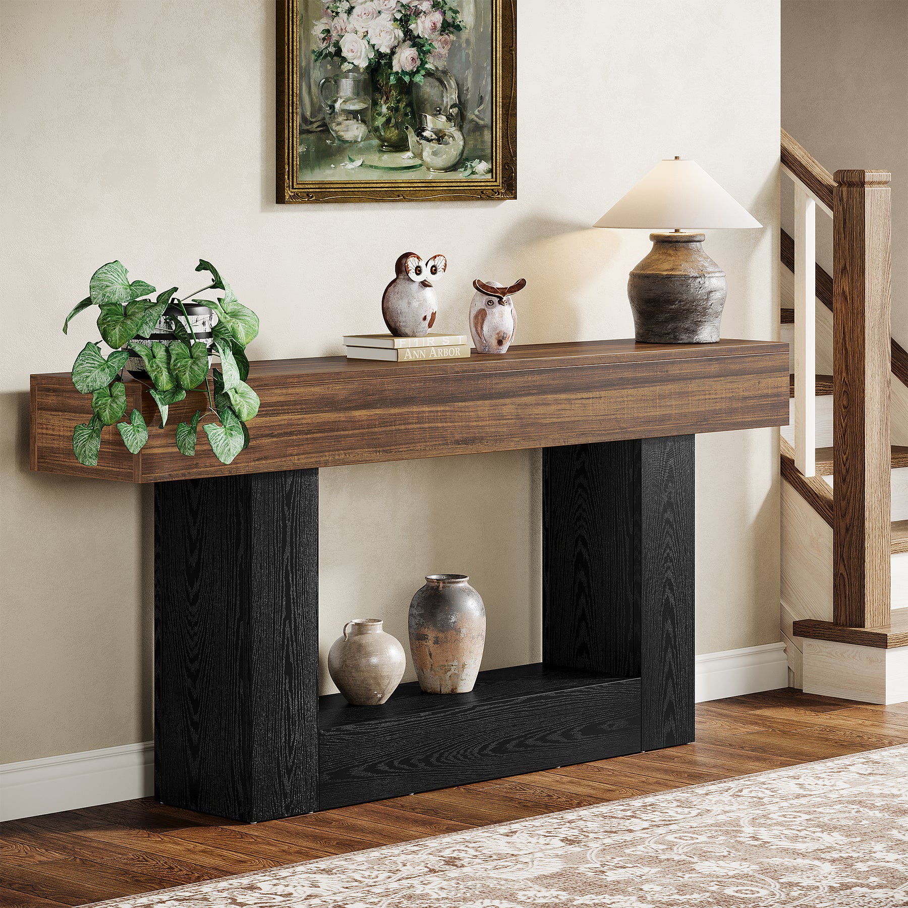63" Wooden Console Table, Farmhouse 2-Tier Sofa Table Entryway Table