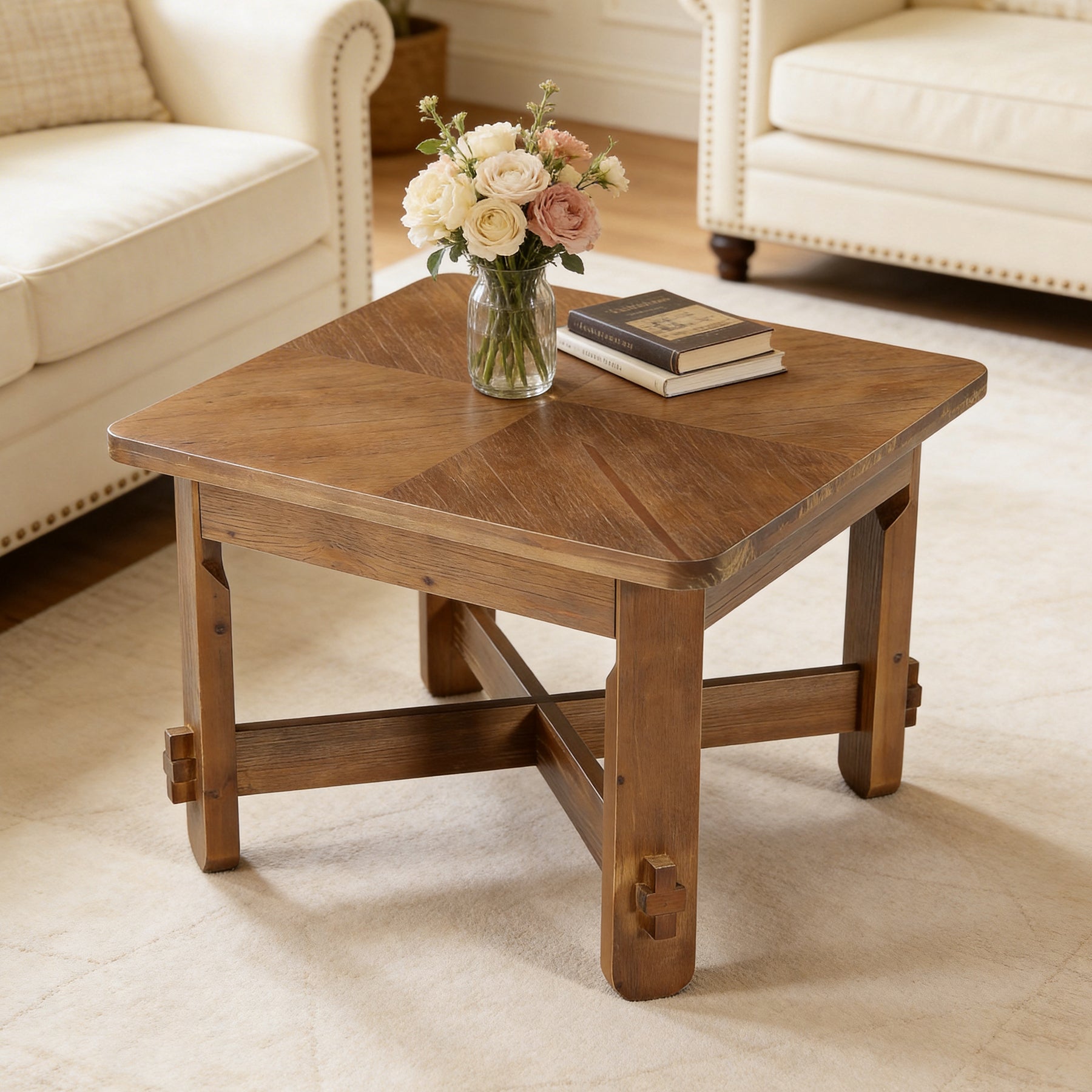 31.5 Inch Solid Wood Square Coffee Table, Farmhouse Center Table with Cross Base