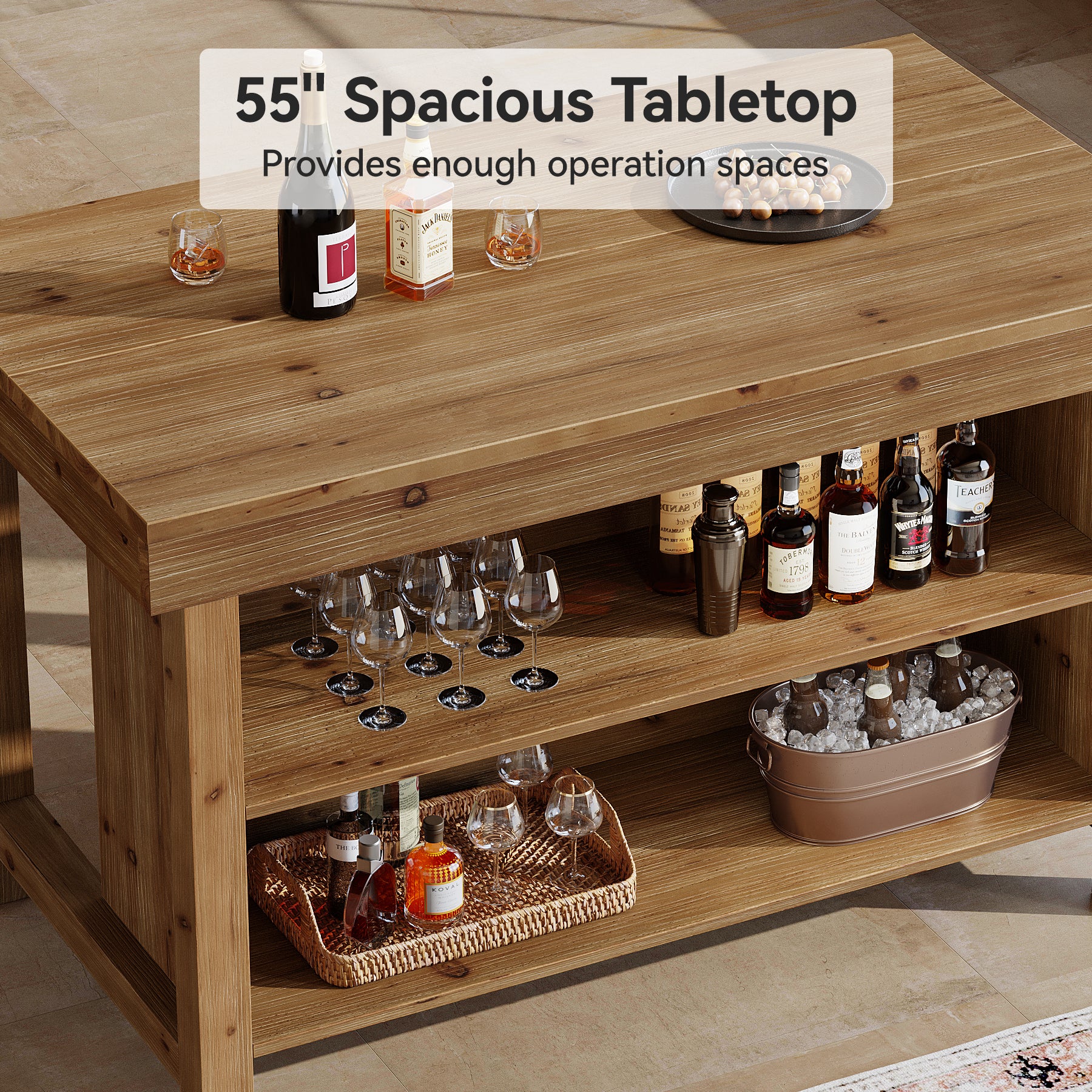 55" Farmhouse Bar Table, 3-Tier Solid Wood Bar Unit with Open Storage Shelves