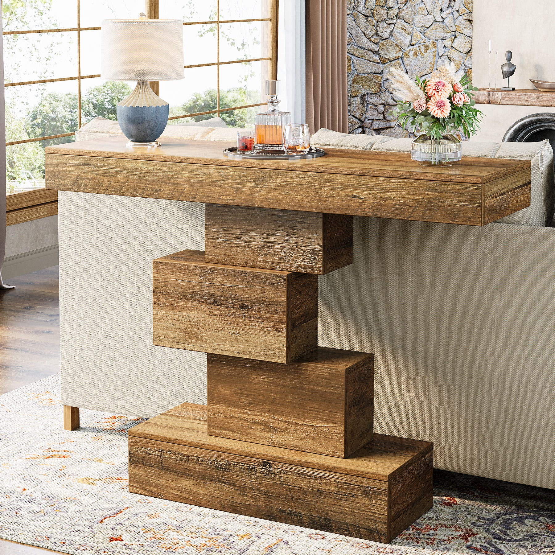 42" Console Table, Wood Sofa Table Accent Table with Geometric Base