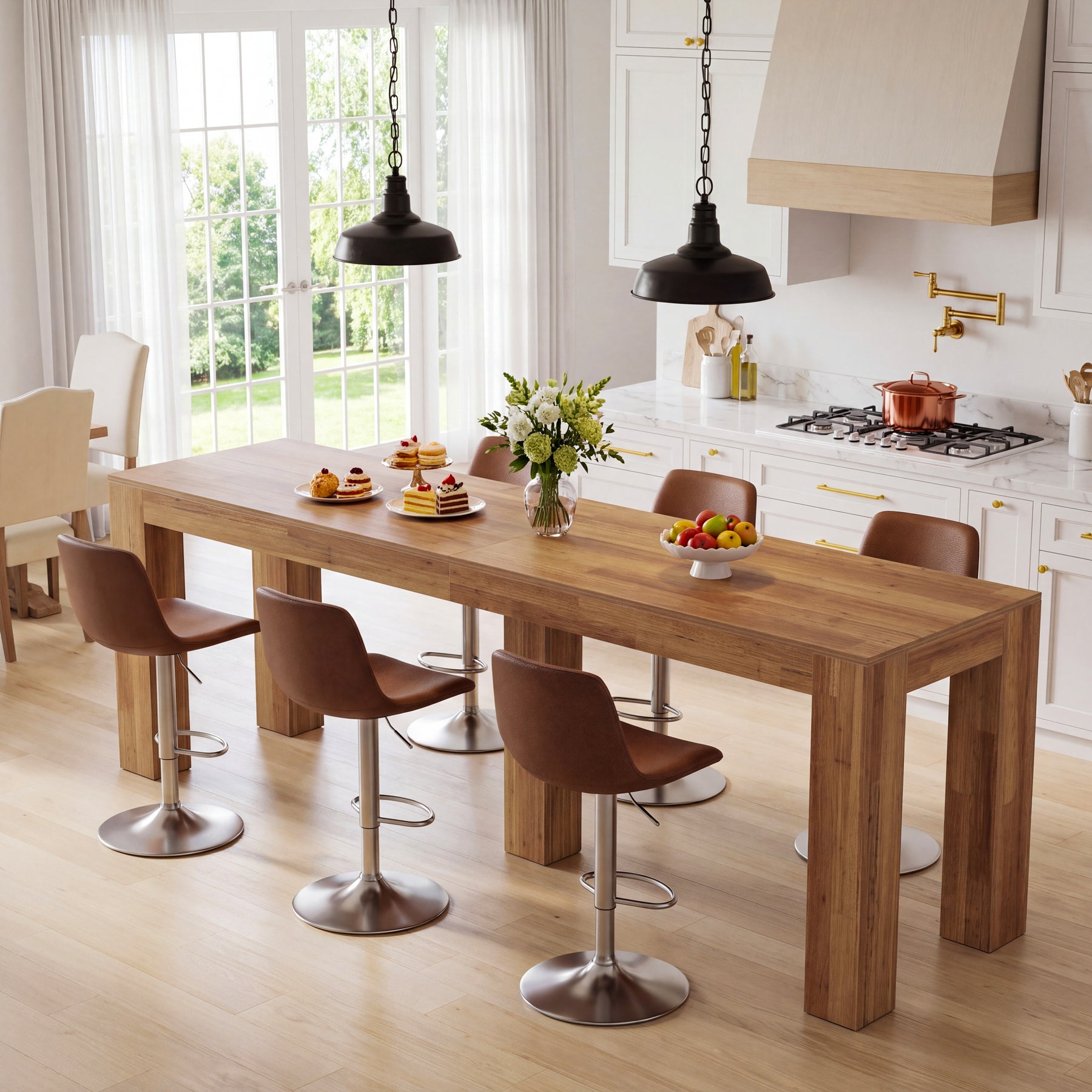 86.6" Counter Height Dining Table with 5 Legs, Wood Rectangle Bar Table for Kitchen