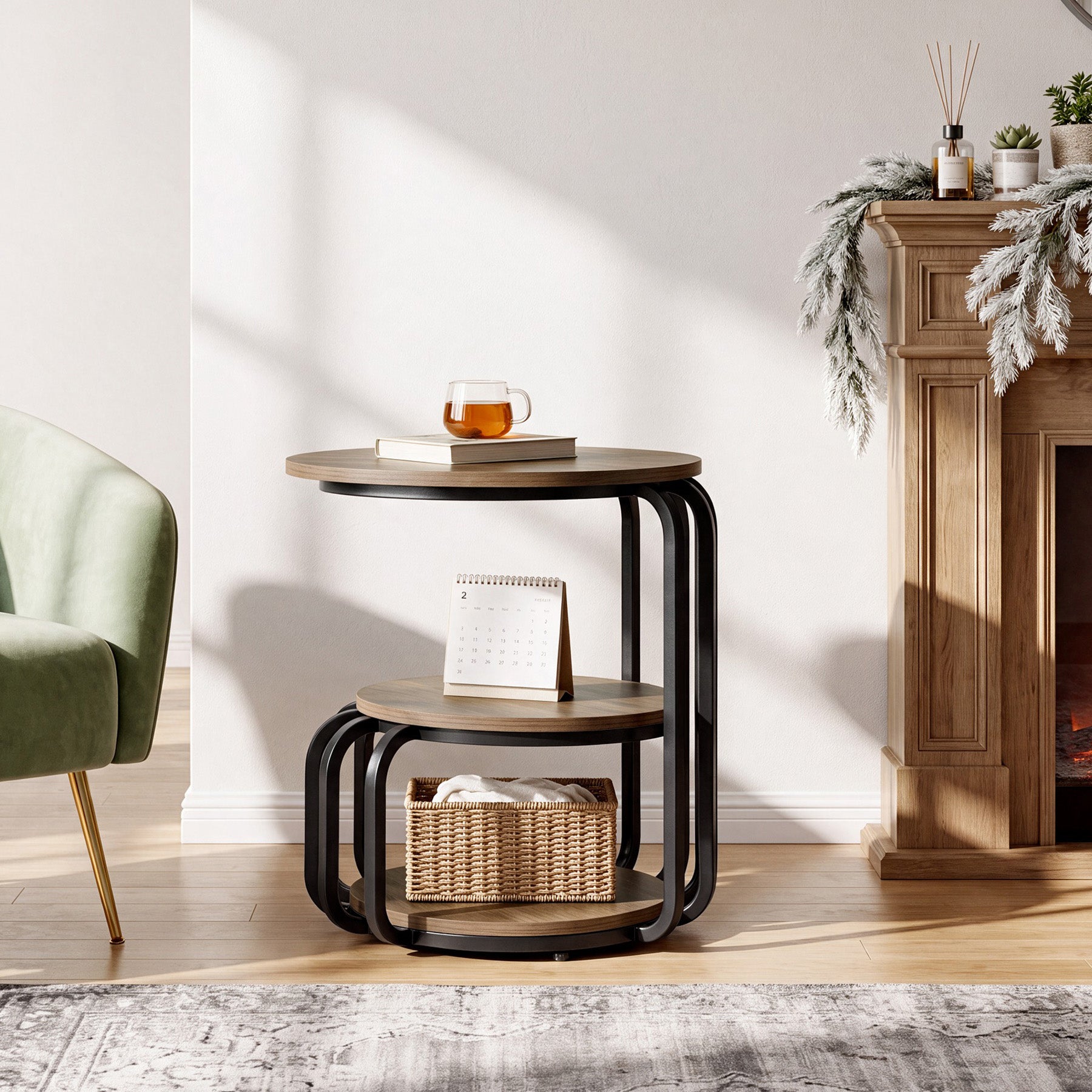 19.69" Round End Table, Industrial Side Table with 3-Tier Storage Shelves & Metal Frame