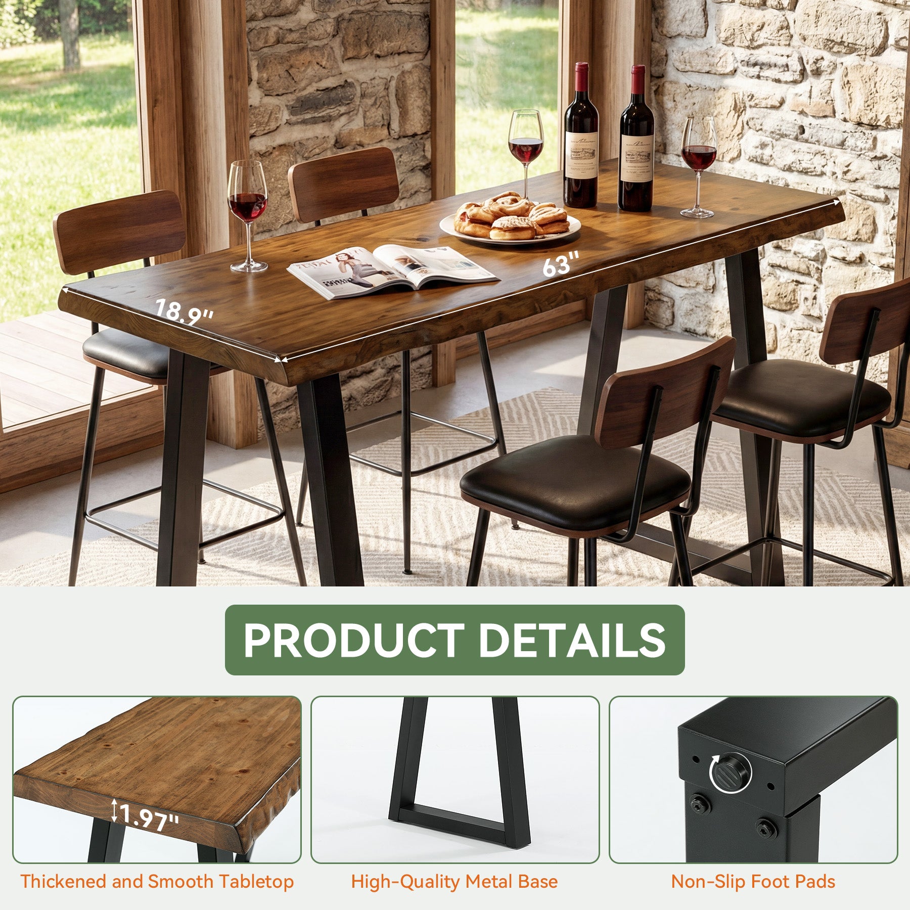 Solid Wood Bar Table, 63” Counter Height Table with Metal Legs for Kitchen