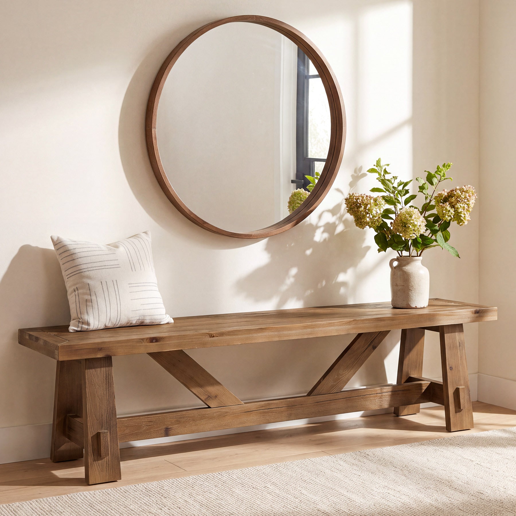 55" Solid Wood Entryway Bench, Farmhouse End of Bed Bench For Hallway, Bedroom