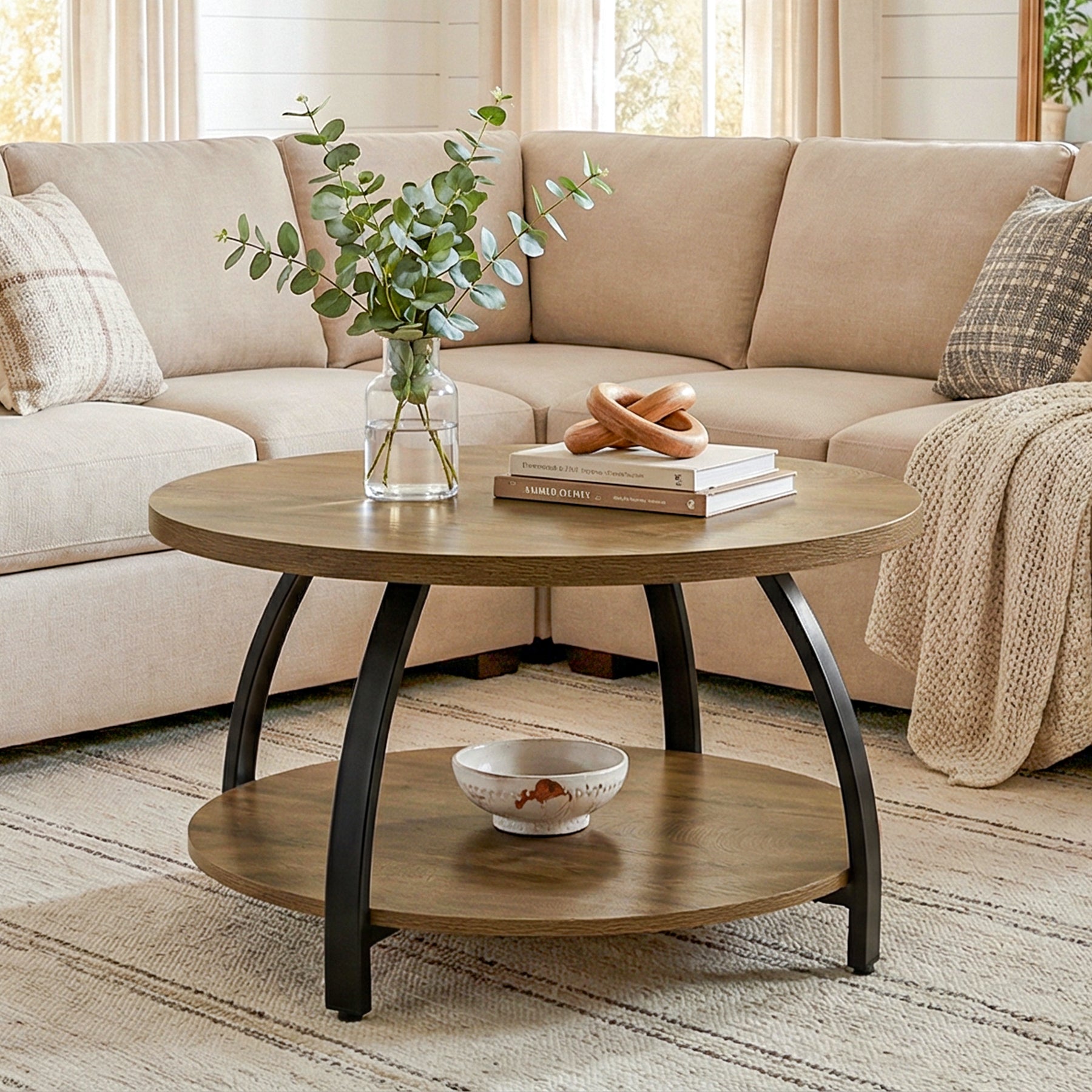 Round Coffee Table, 31.5" Center Cocktail Table with 2-Tier Storage Shelves