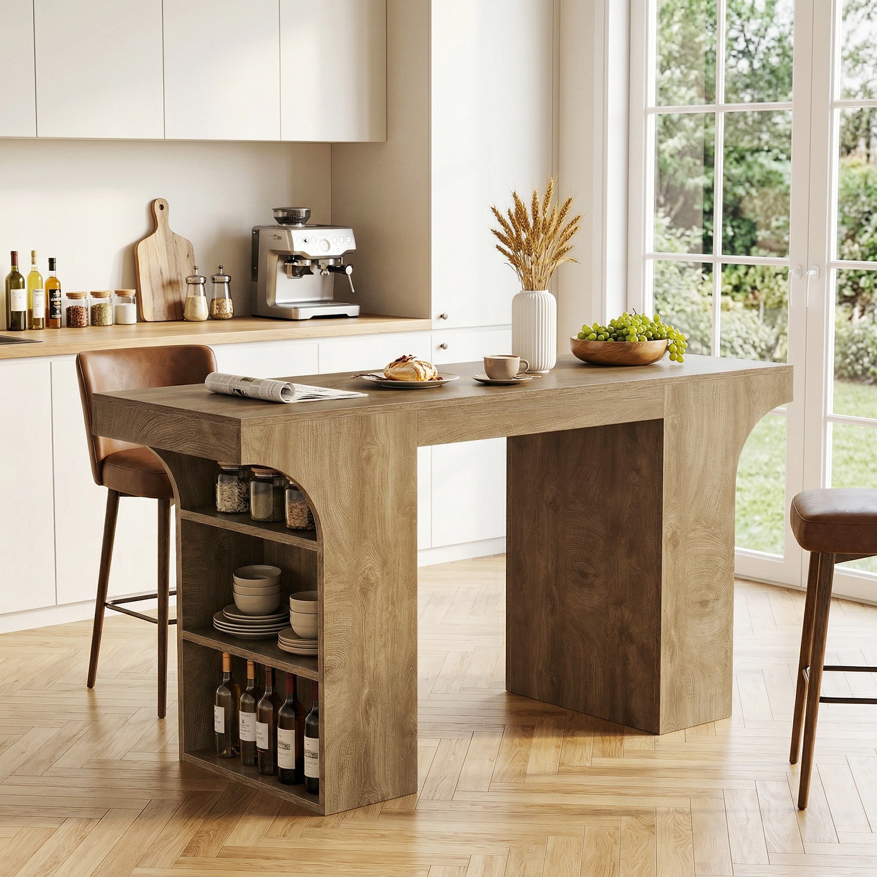 63" Bar Table, Rectangular Counter Height Pub Table with Storage Shelves